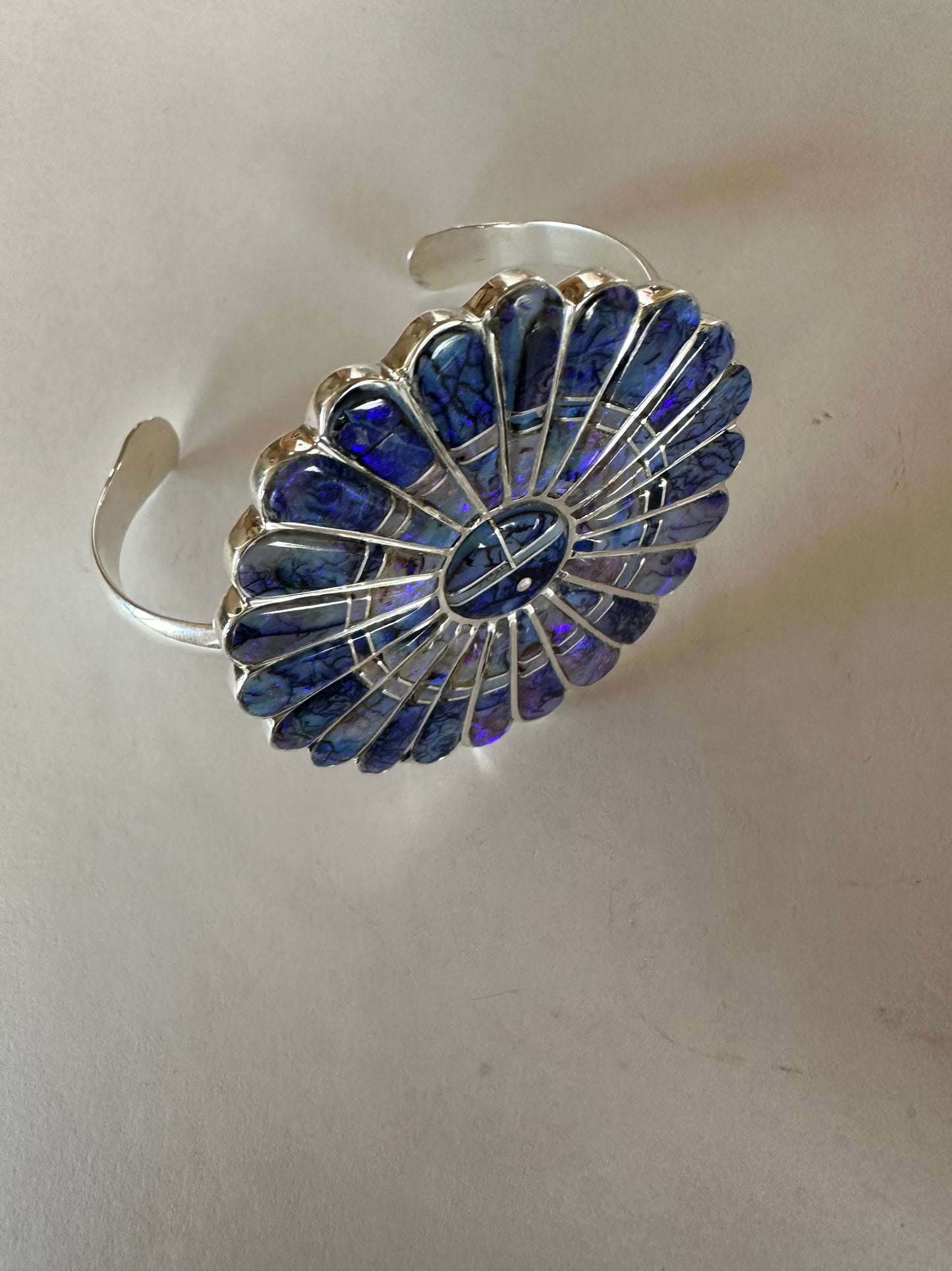 Handmade Sterling & Blue Opal Web Inlay Cuff Bracelet Signed /