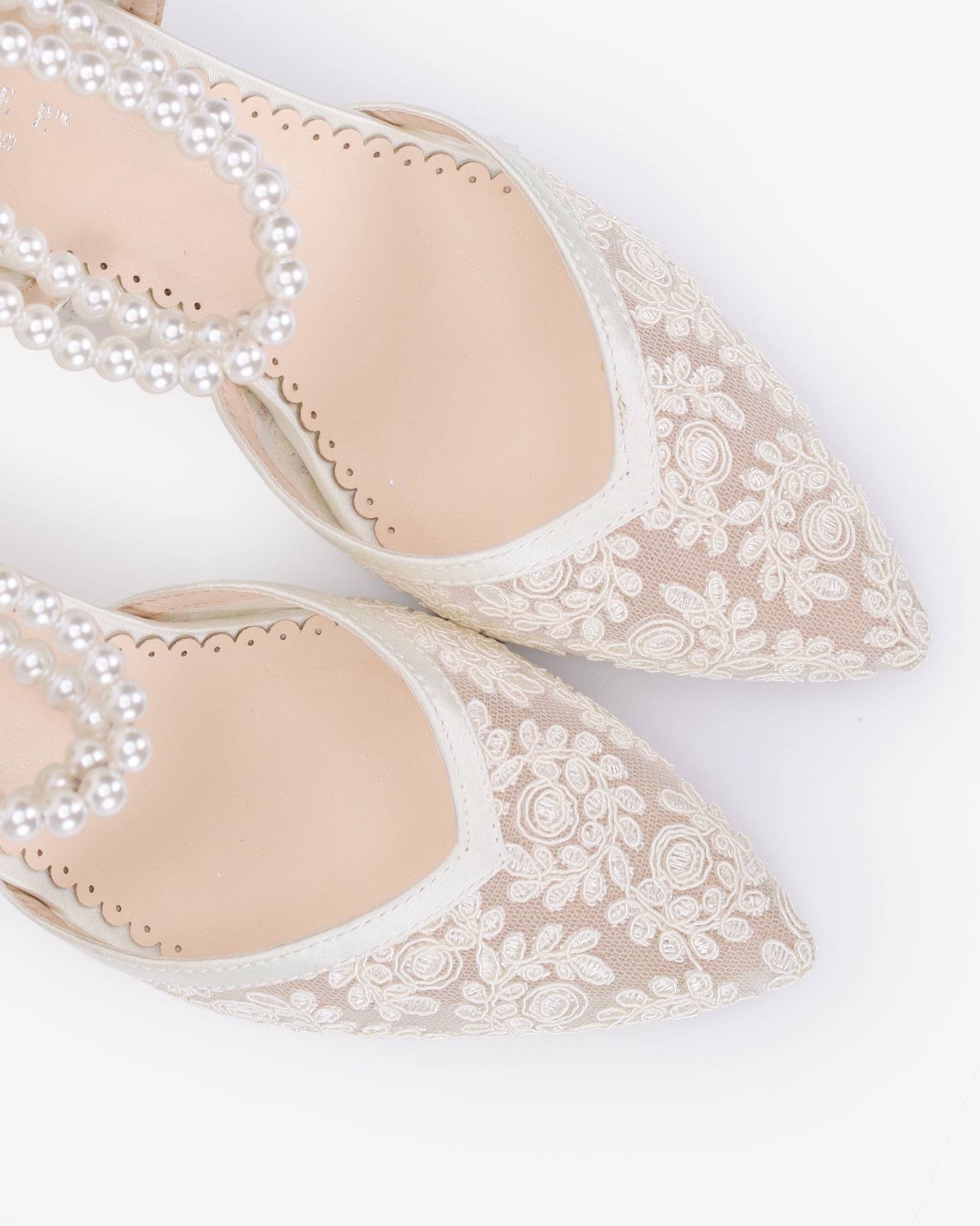 Lace Block Heel For Weddings with Double Pearls Ankle Strap