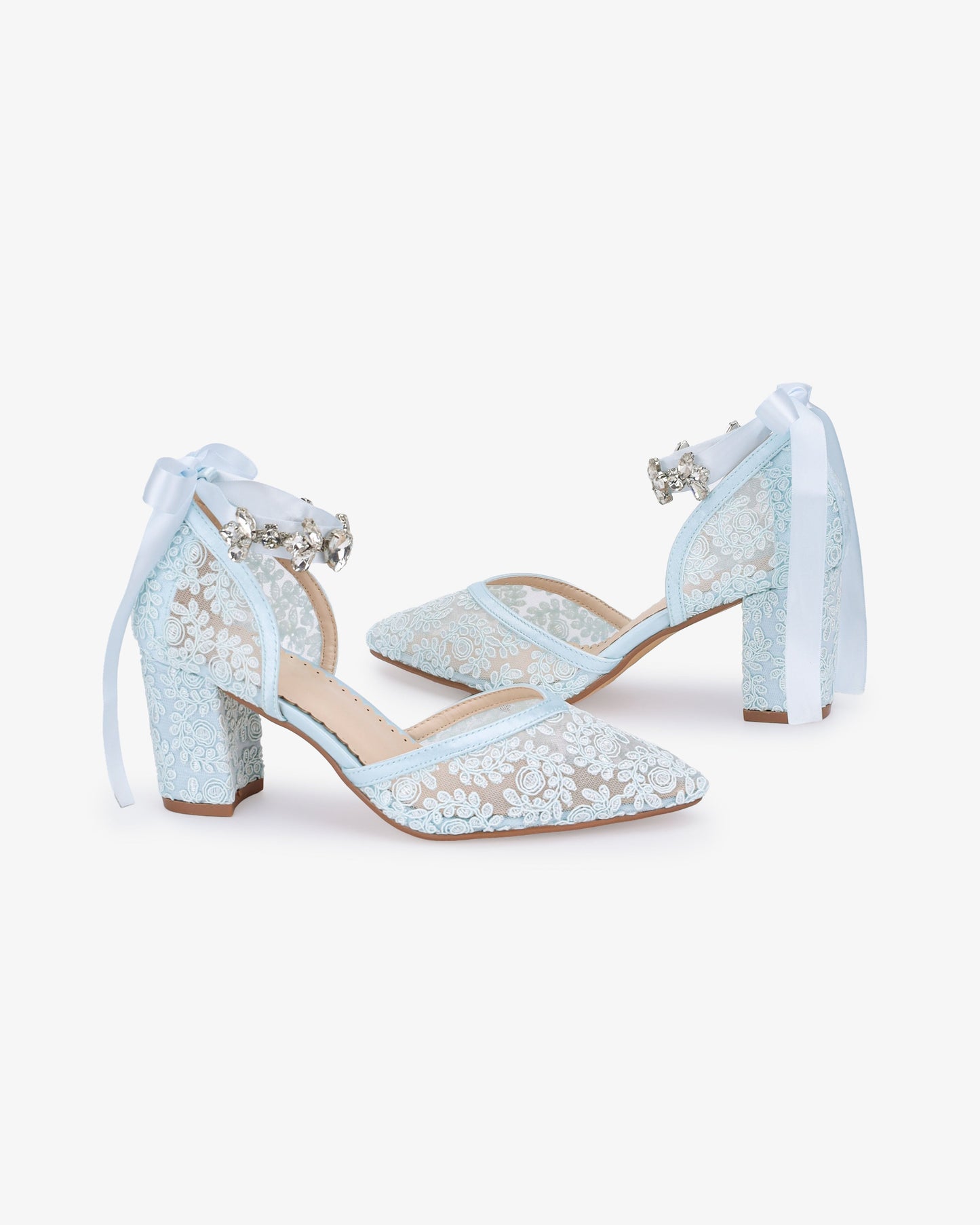 Lace Block Heel For Weddings with Navette Cluster Rhinestones Strap