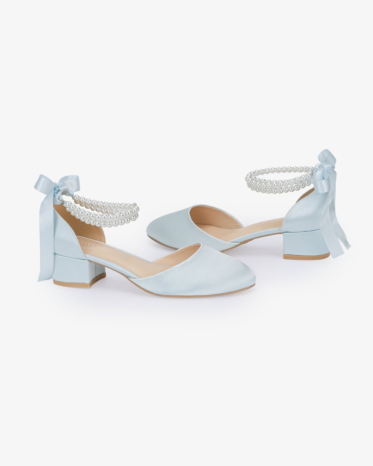 Round Toe Satin Low Block Heel with Double Pearls Ankle Strap