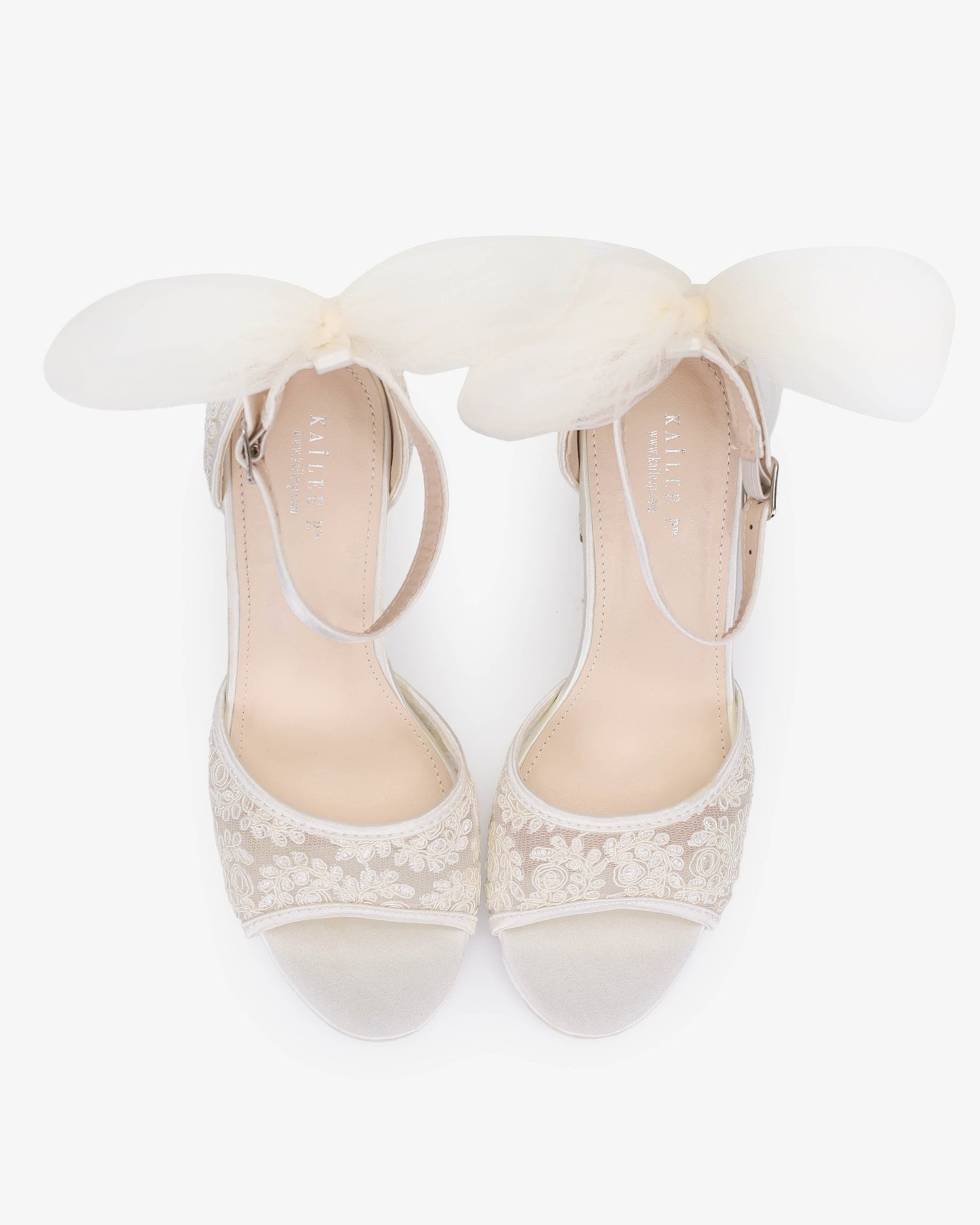 Crochet Lace Block Heel Sandals with Tulle Back Bow