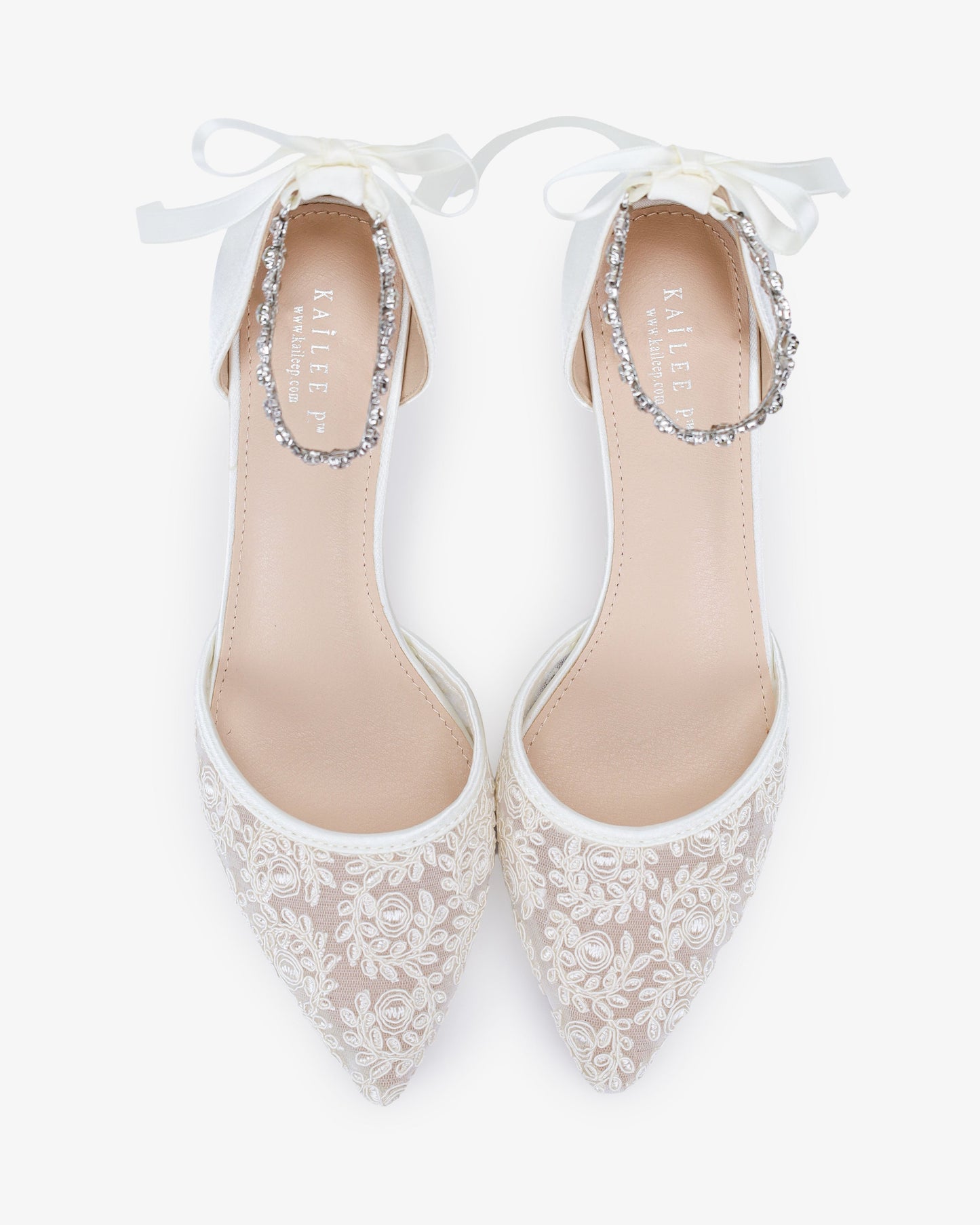 Crochet Lace Pointy Toe Wedding Kitten Low Heel with Amaryllis Strap