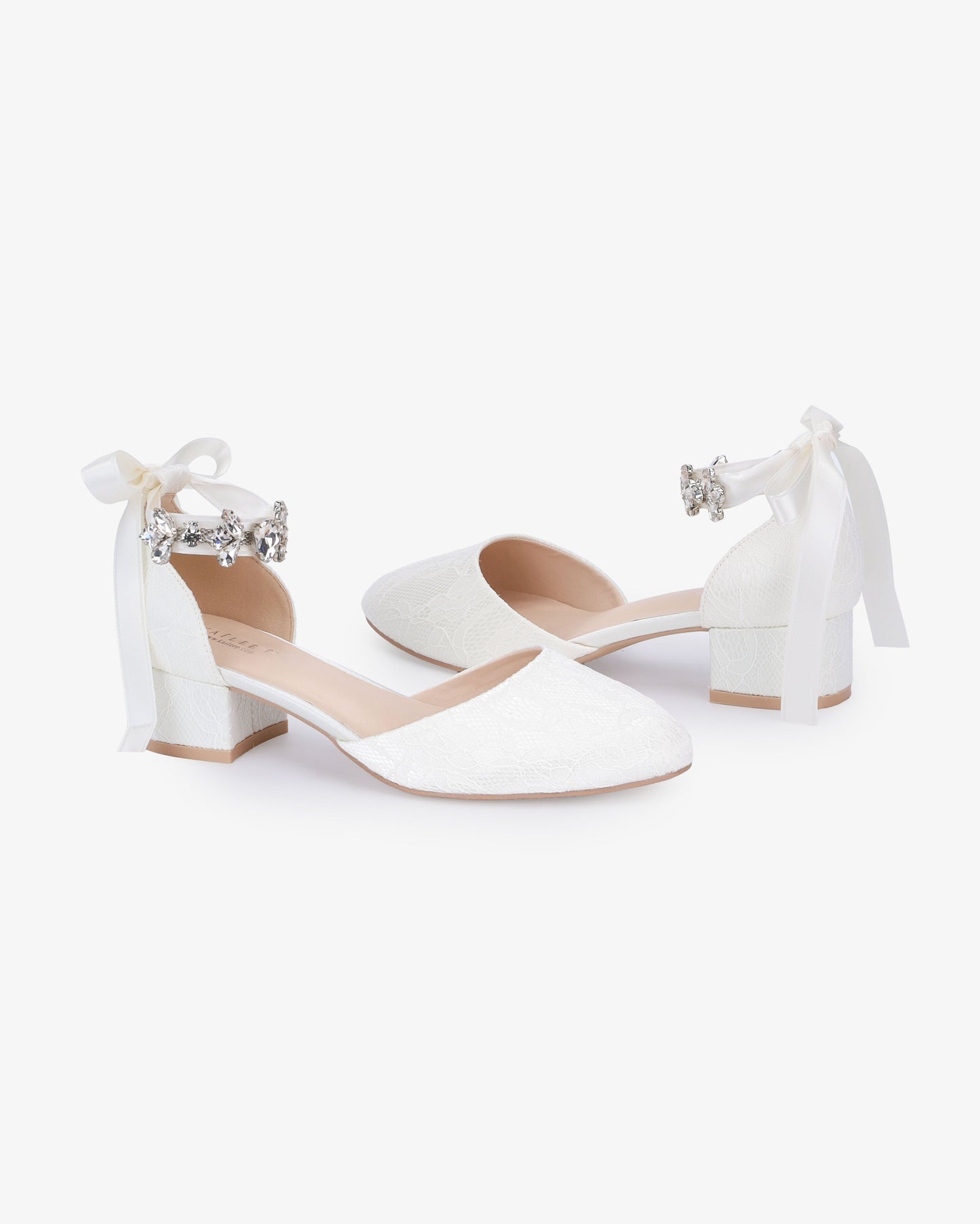 Lace Round Toe Low Block Heel Wedding Shoes with Navette Cluster Rhinestones Strap