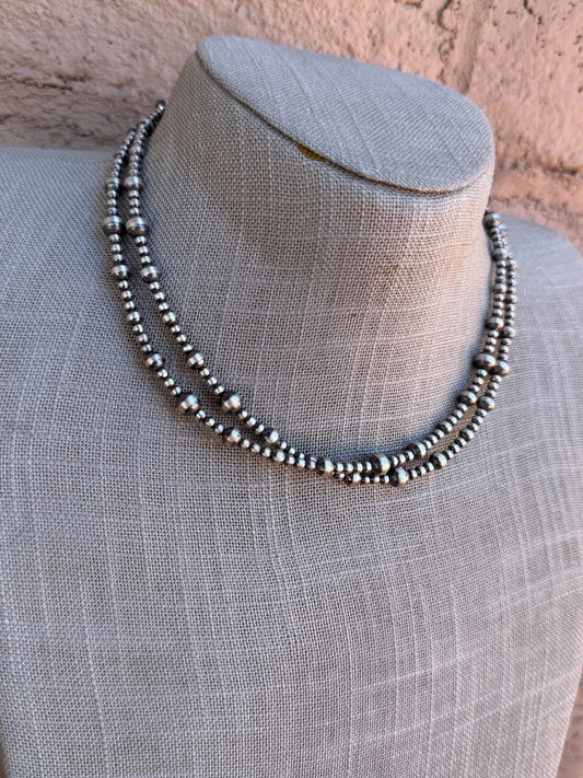 Handcrafted Sterling Silver Pearl Double Strand 3-5mm Beaded Necklace 16"