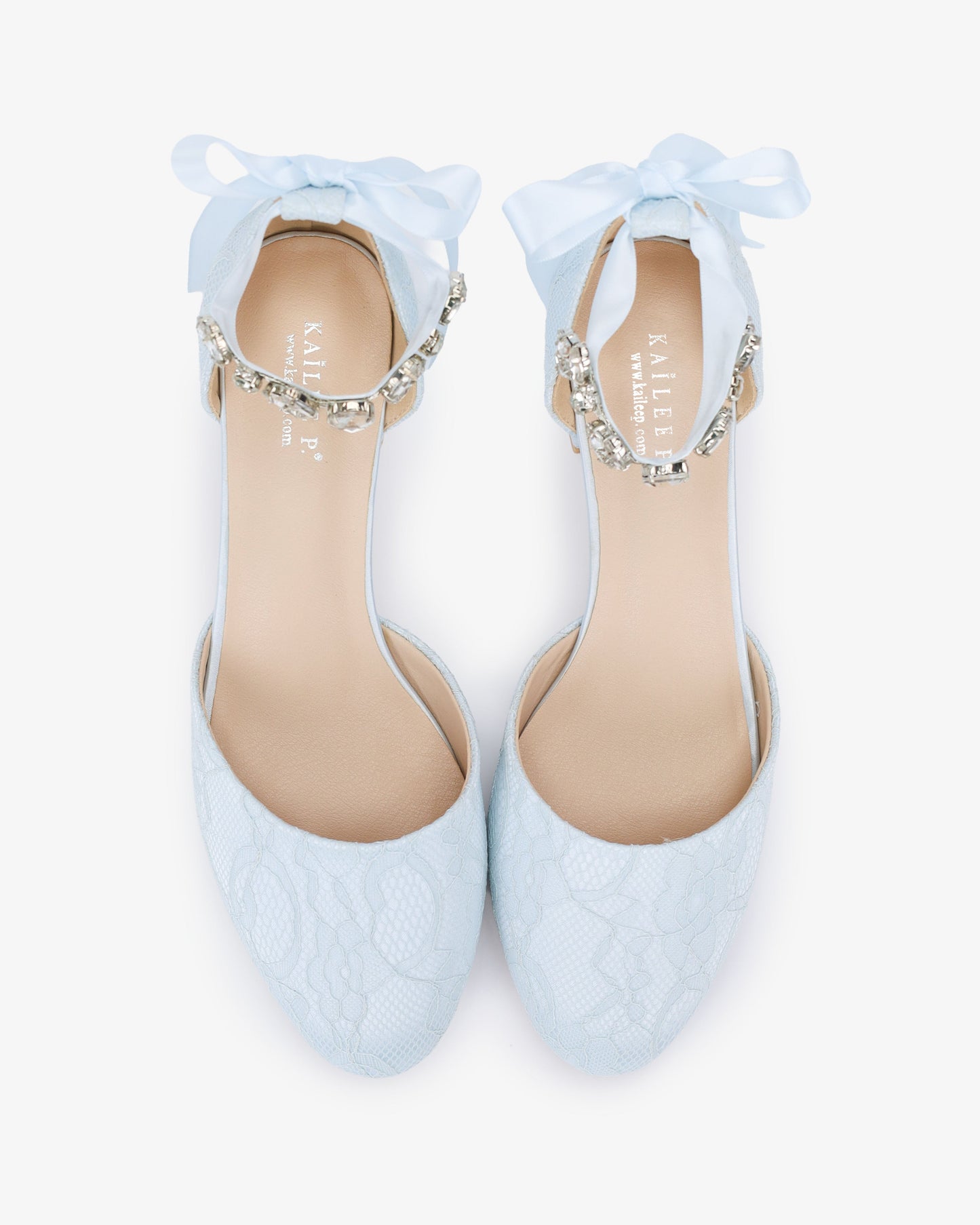 Lace Round Toe Low Block Heel Wedding Shoes with Navette Cluster Rhinestones Strap