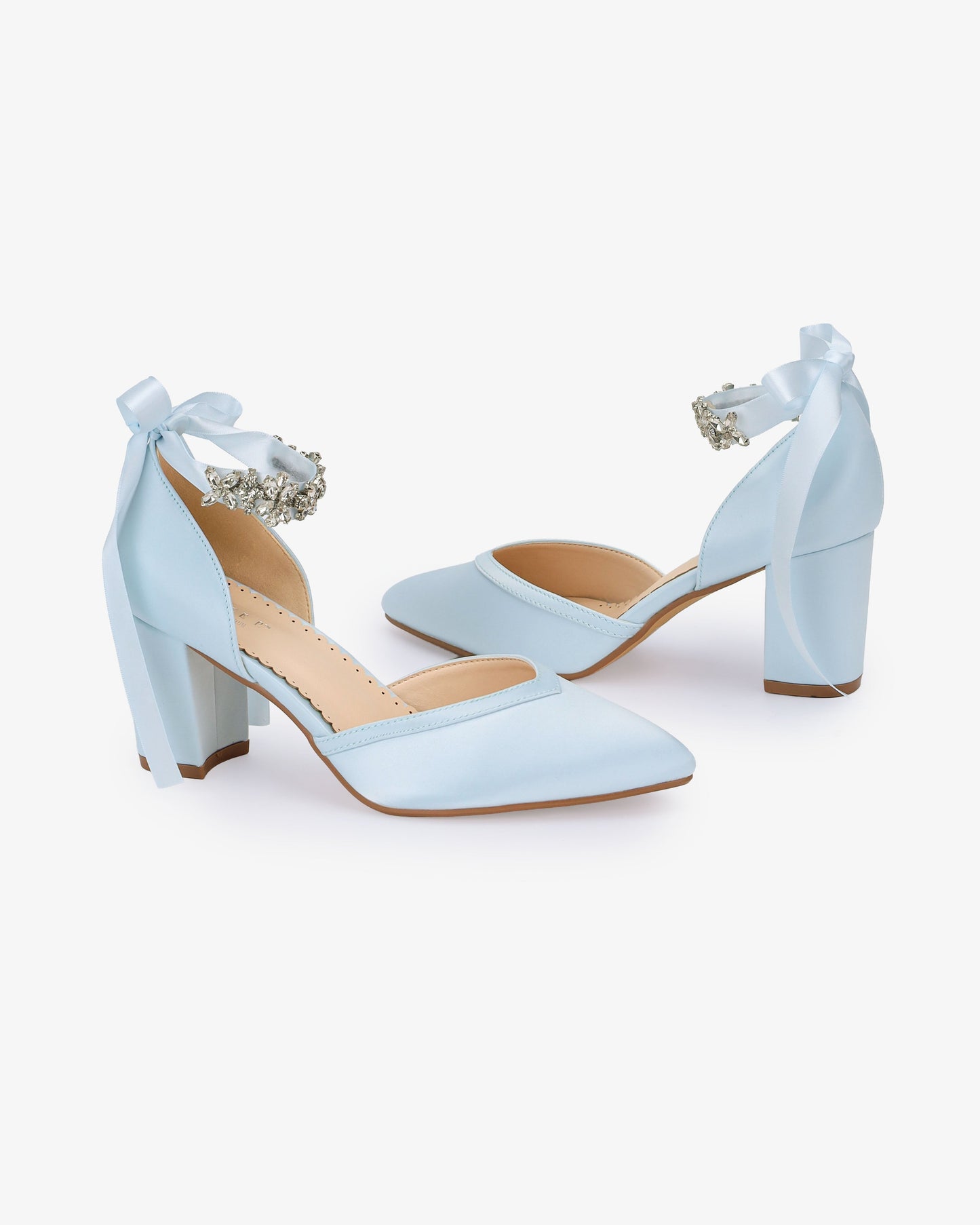 Satin Block Heels Wedding Shoes with Floral Rhinestones Ankle Strap