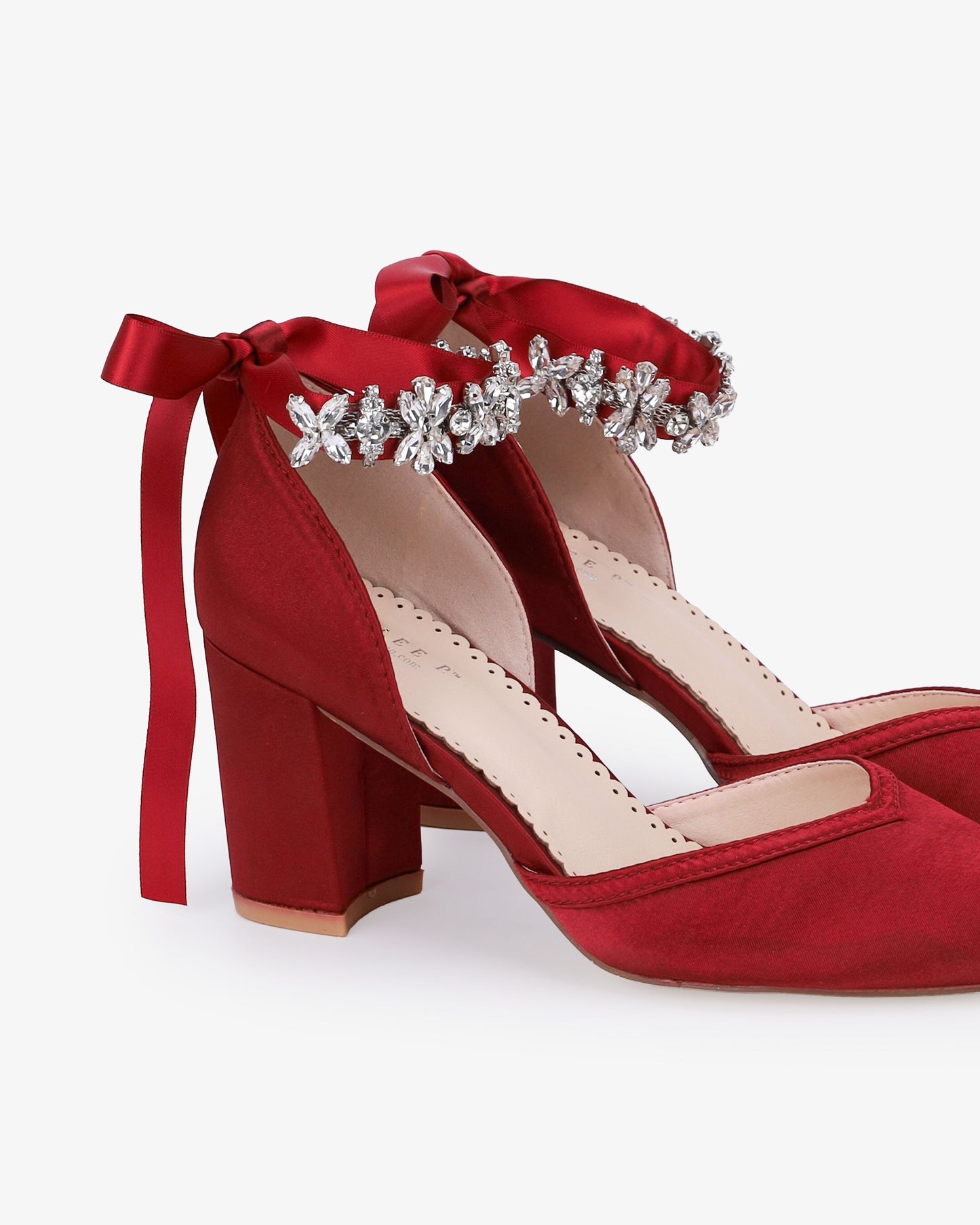 Satin Block Heels Evening Shoes with Floral Rhinestones Ankle Strap