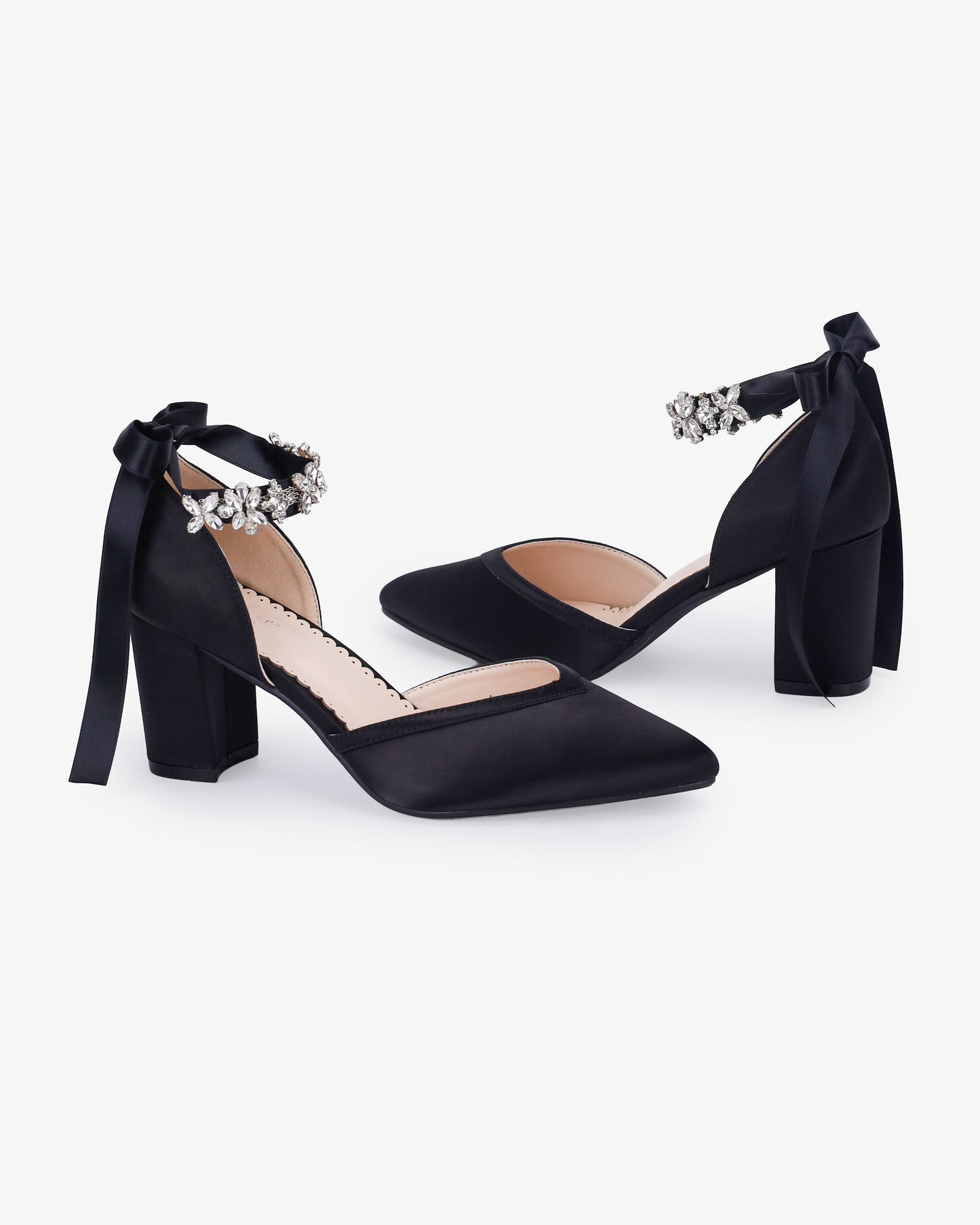 Satin Block Heels Evening Shoes with Floral Rhinestones Ankle Strap