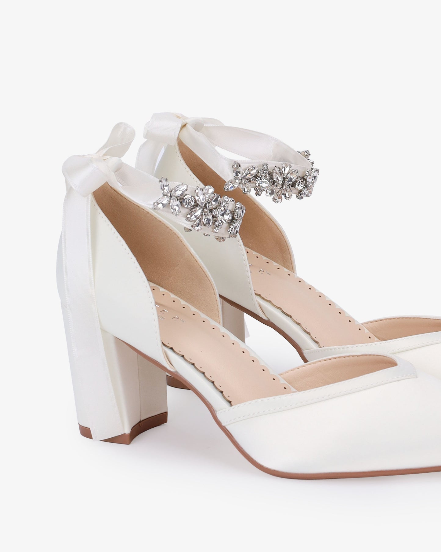 Satin Block Heels Wedding Shoes with Floral Rhinestones Ankle Strap