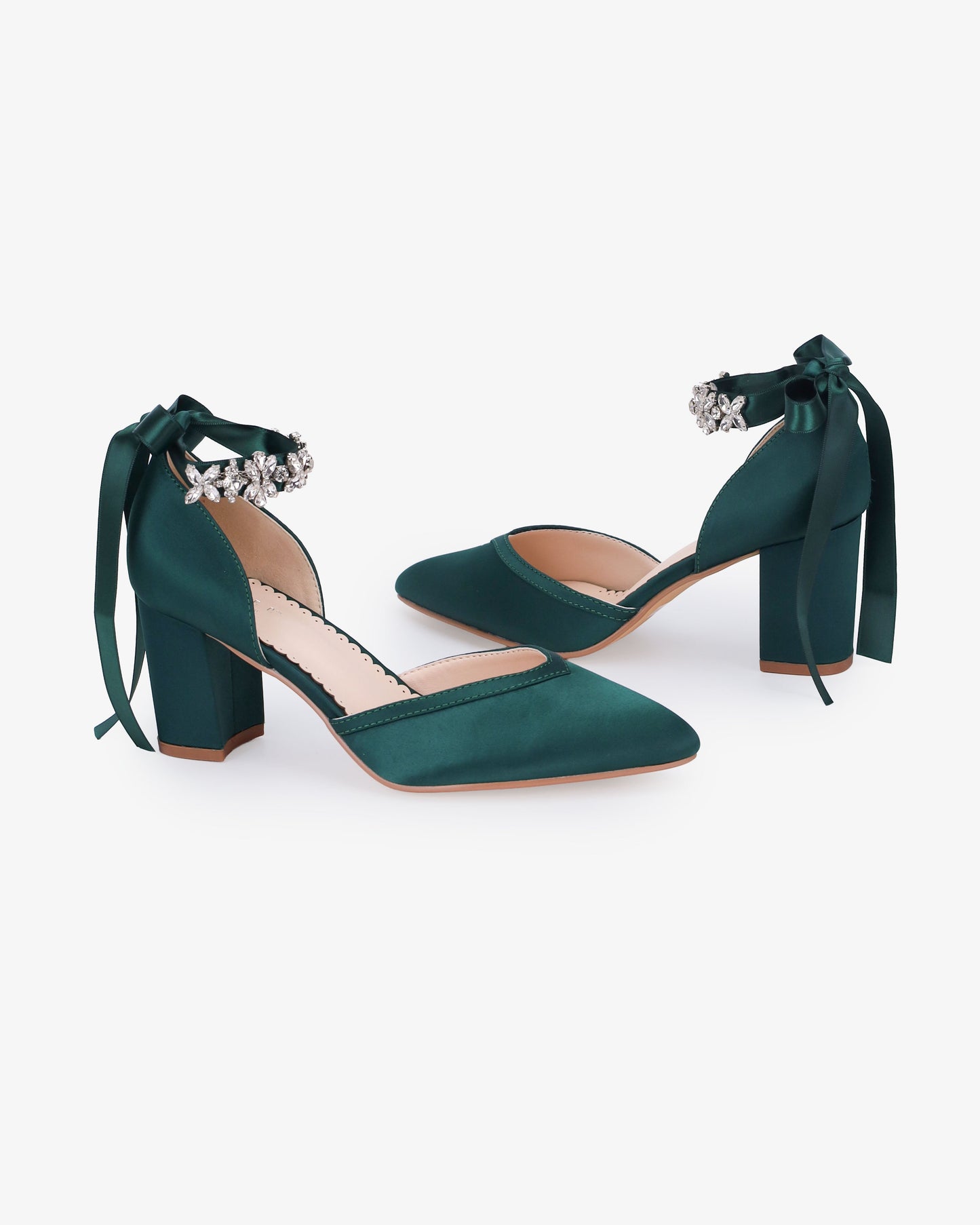 Satin Block Heels Evening Shoes with Floral Rhinestones Ankle Strap