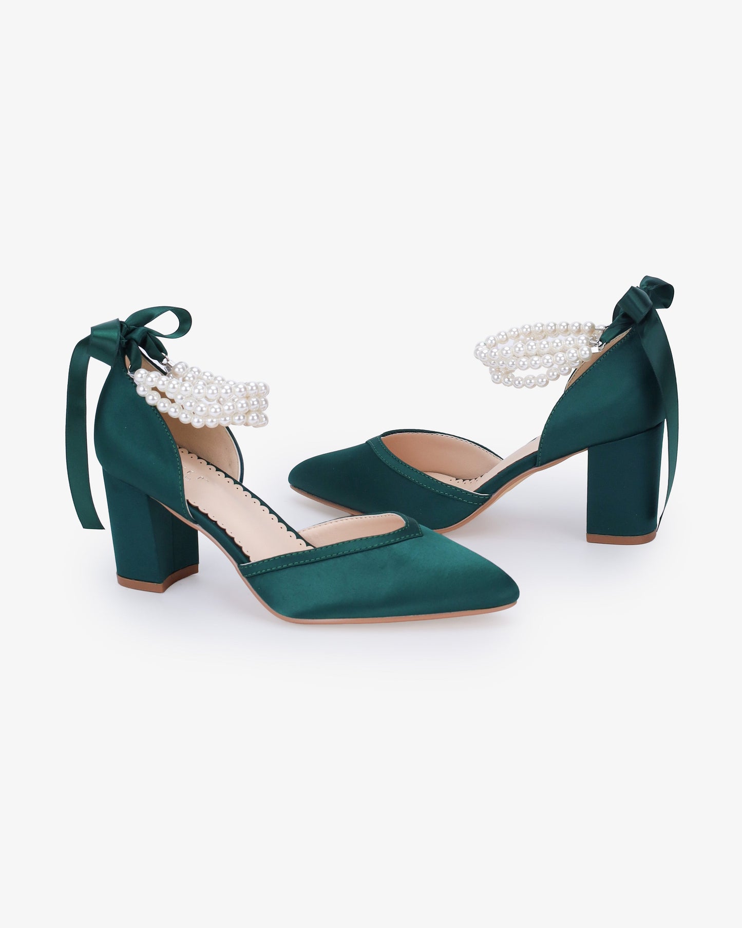 Satin Block Heels Evening Shoes with Trinity Pearls Wrap