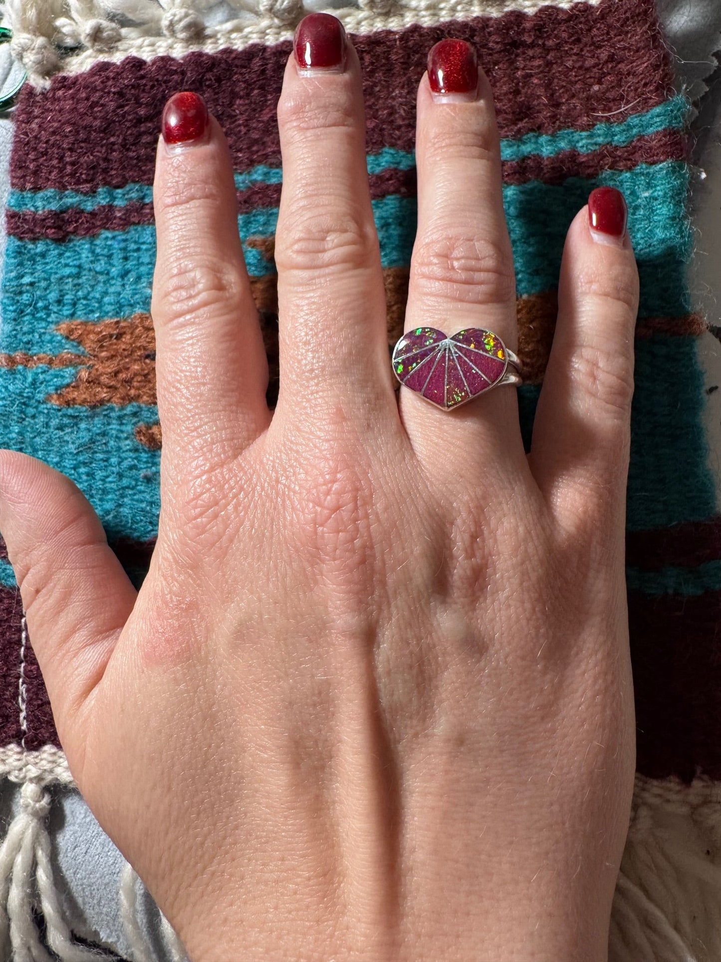 Handcrafted Sterling Silver & Mauve Fire Opal Inlay Heart Ring size 8