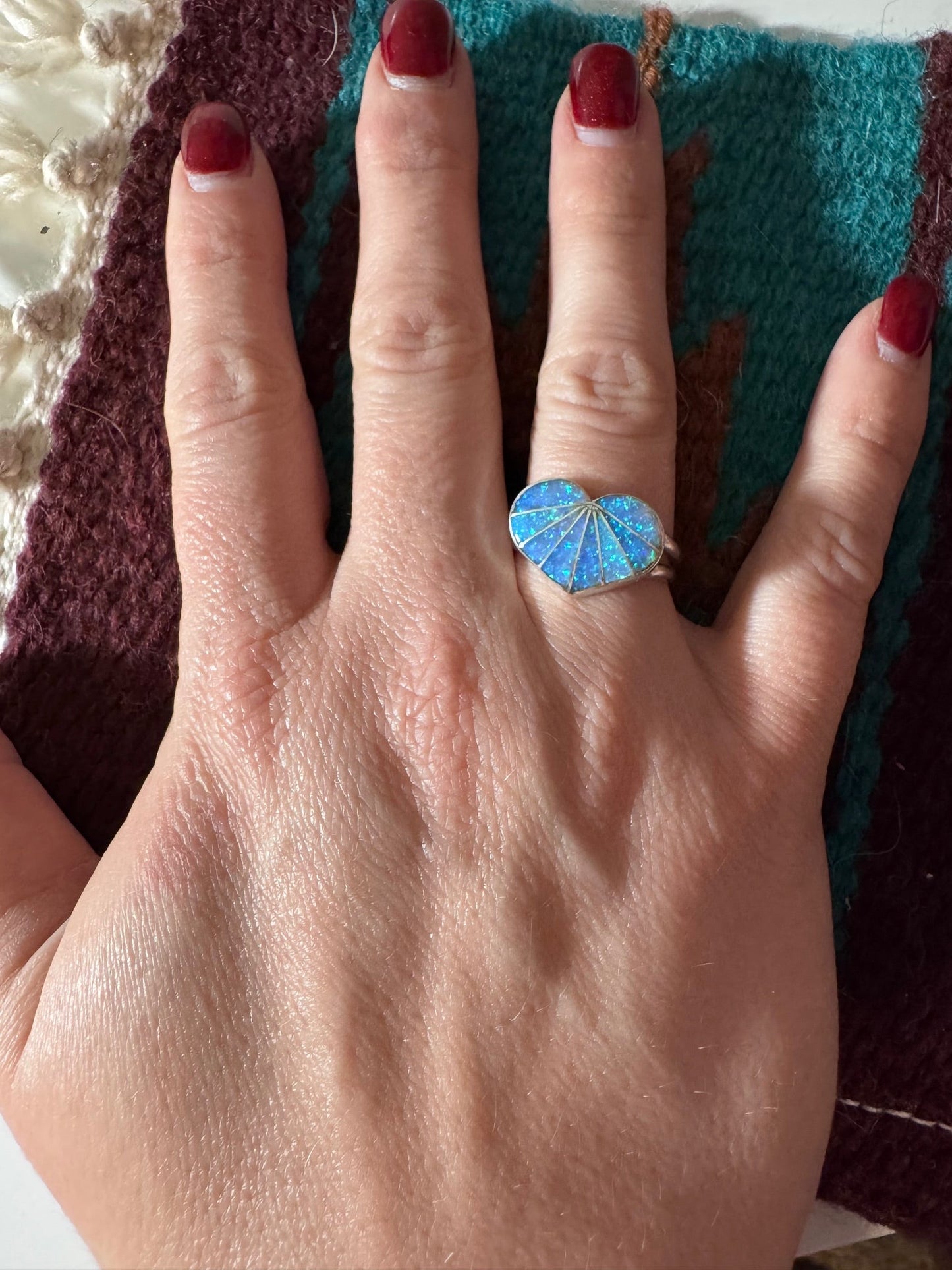 Handcrafted Sterling Silver & Blue Fire Opal Inlay Heart Ring
