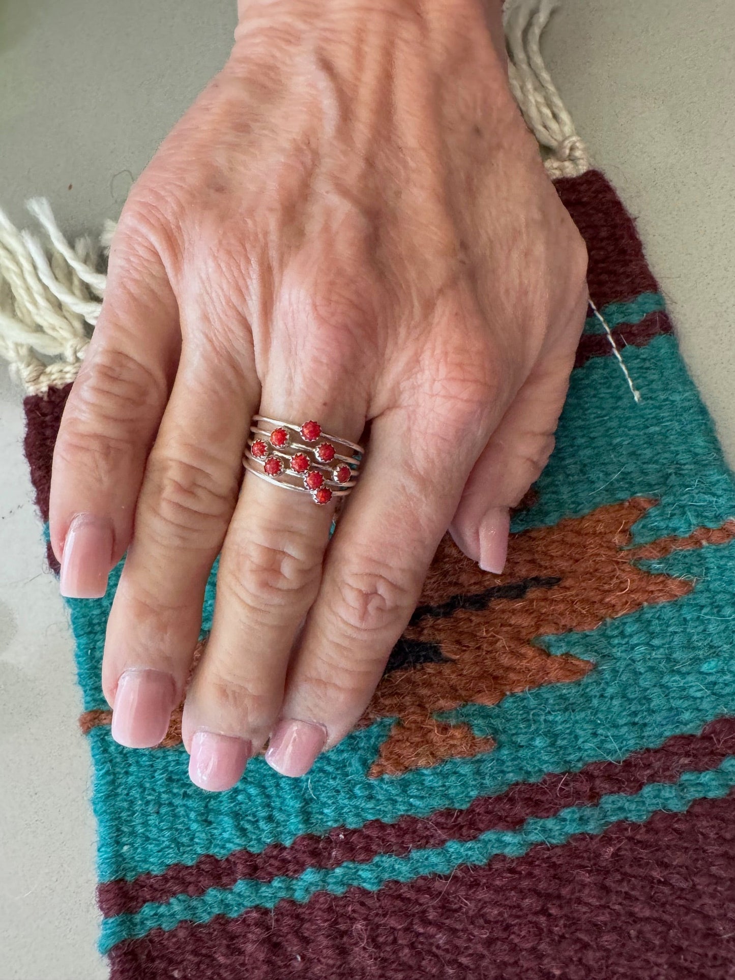 Handcrafted Sterling Silver & Red Fire Opal 5 Stacker Ring Size 7