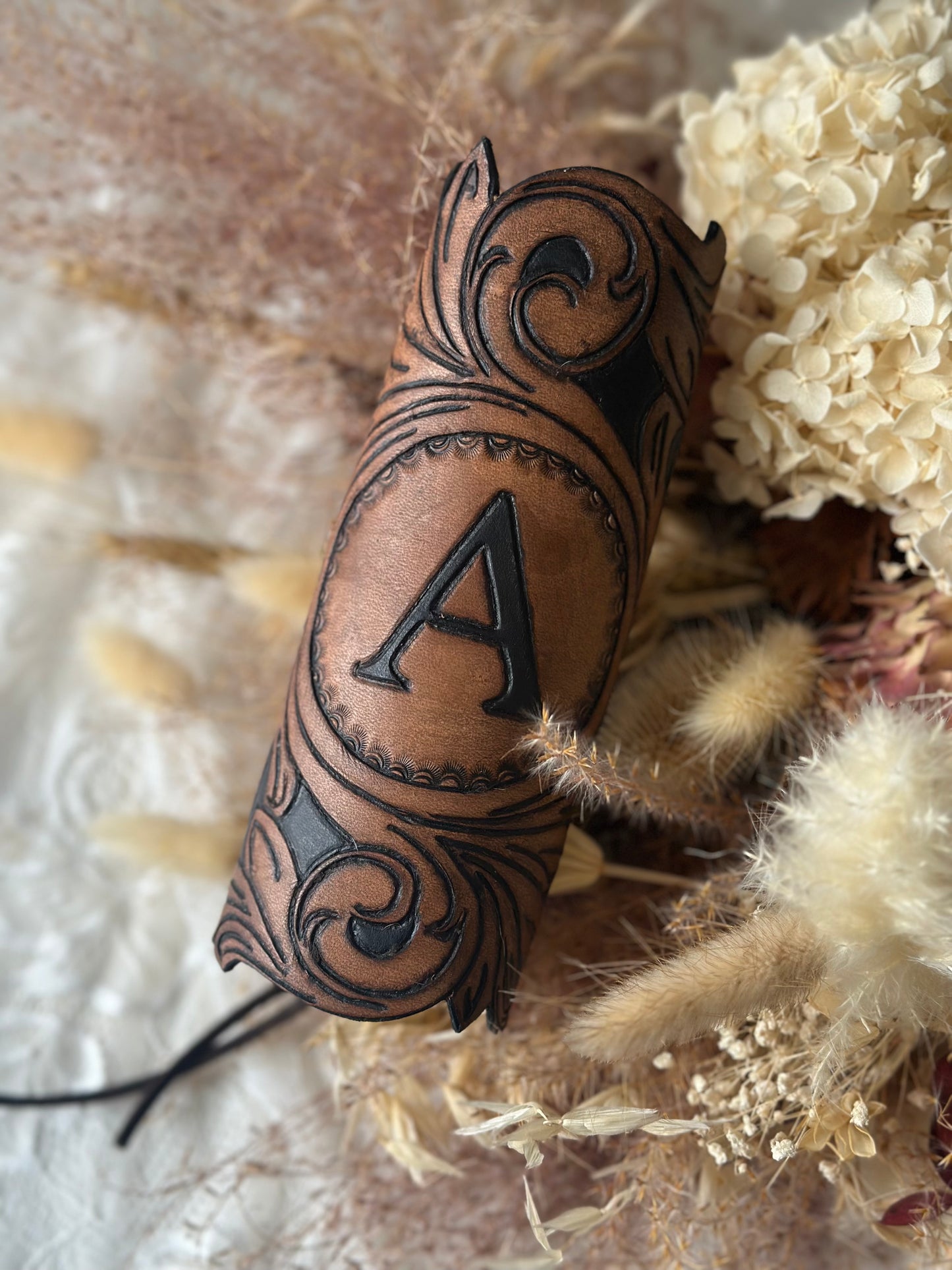 Ready to ship "A" Leather Tooled Bouquet Wrap