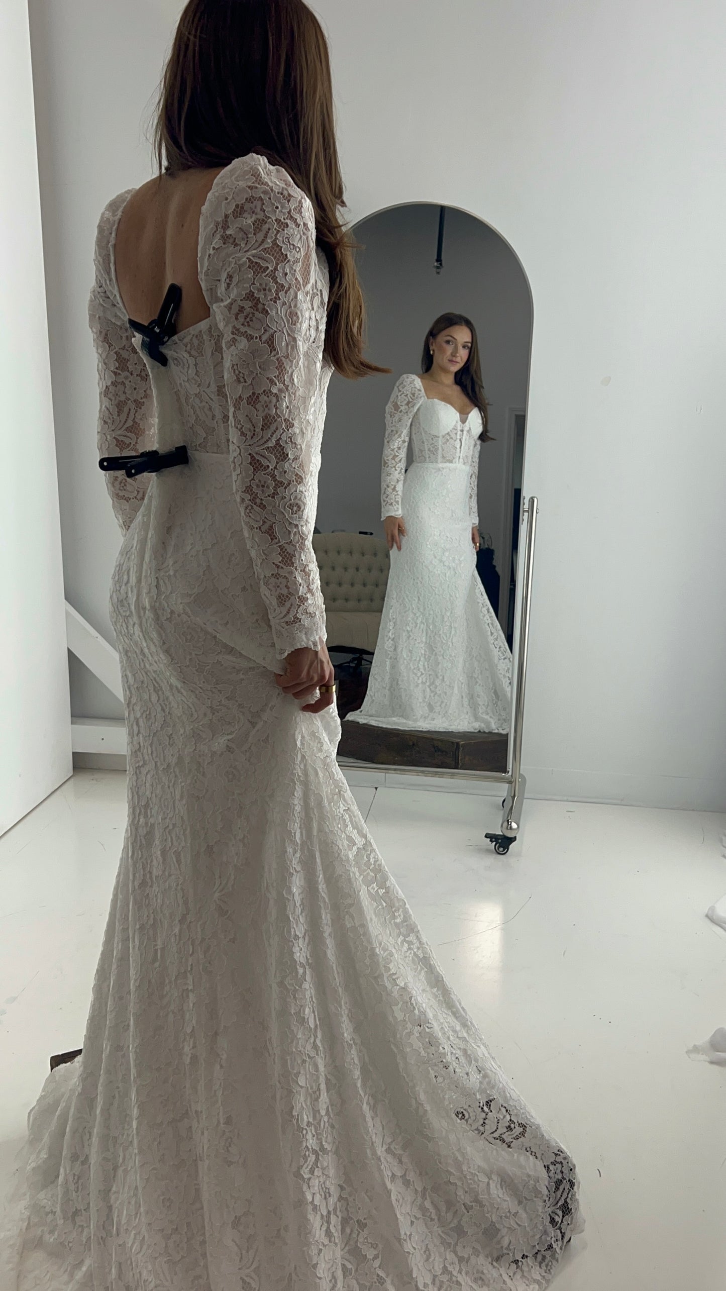 The Cori Gown – Long Sleeve Lace Western Wedding Dress with Open Back & Plunge Neckline