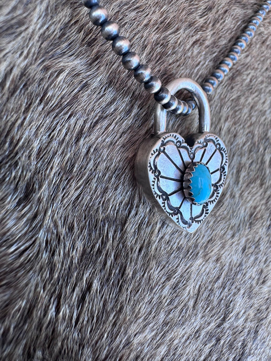 Handcrafted Kingman Turquoise & Sterling Silver Heart Locket Pendant by Patrick Yazzie