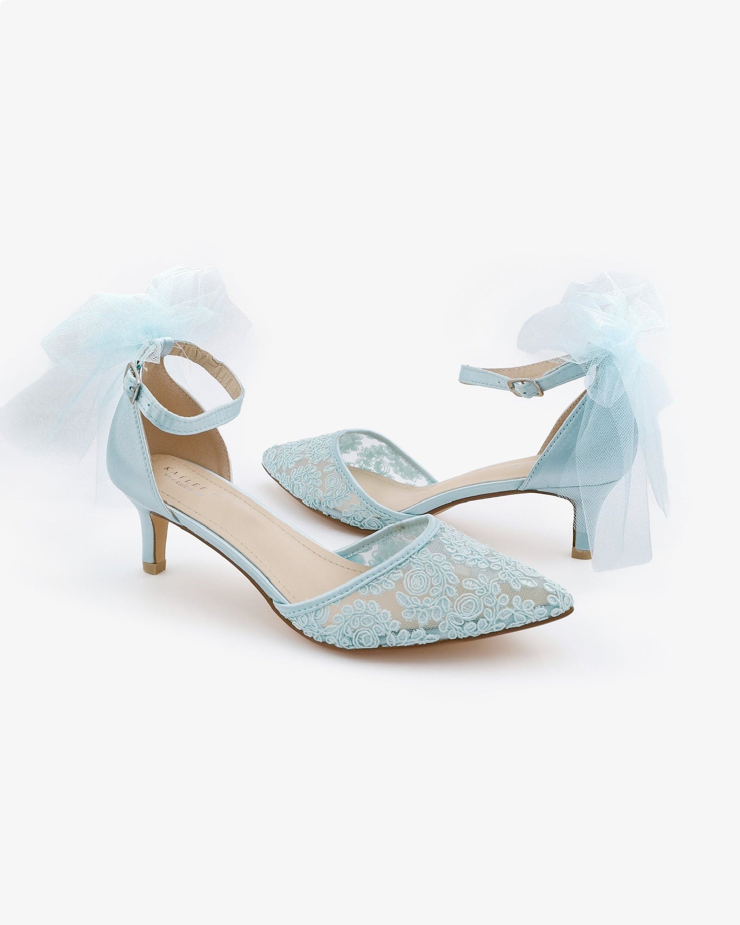 Crochet Lace Pointy Toe Wedding Kitten Low Heel with Tulle Back Bow