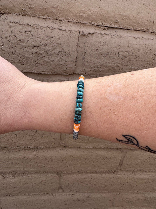 Handcrafted Orange Spiny, Turquoise & Sterling Silver 5mm Beaded Bracelet 7.5"