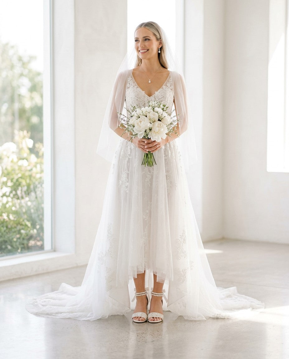 Crochet Lace Block Heel Wedding Sandals with Double Pearl Ankle Strap