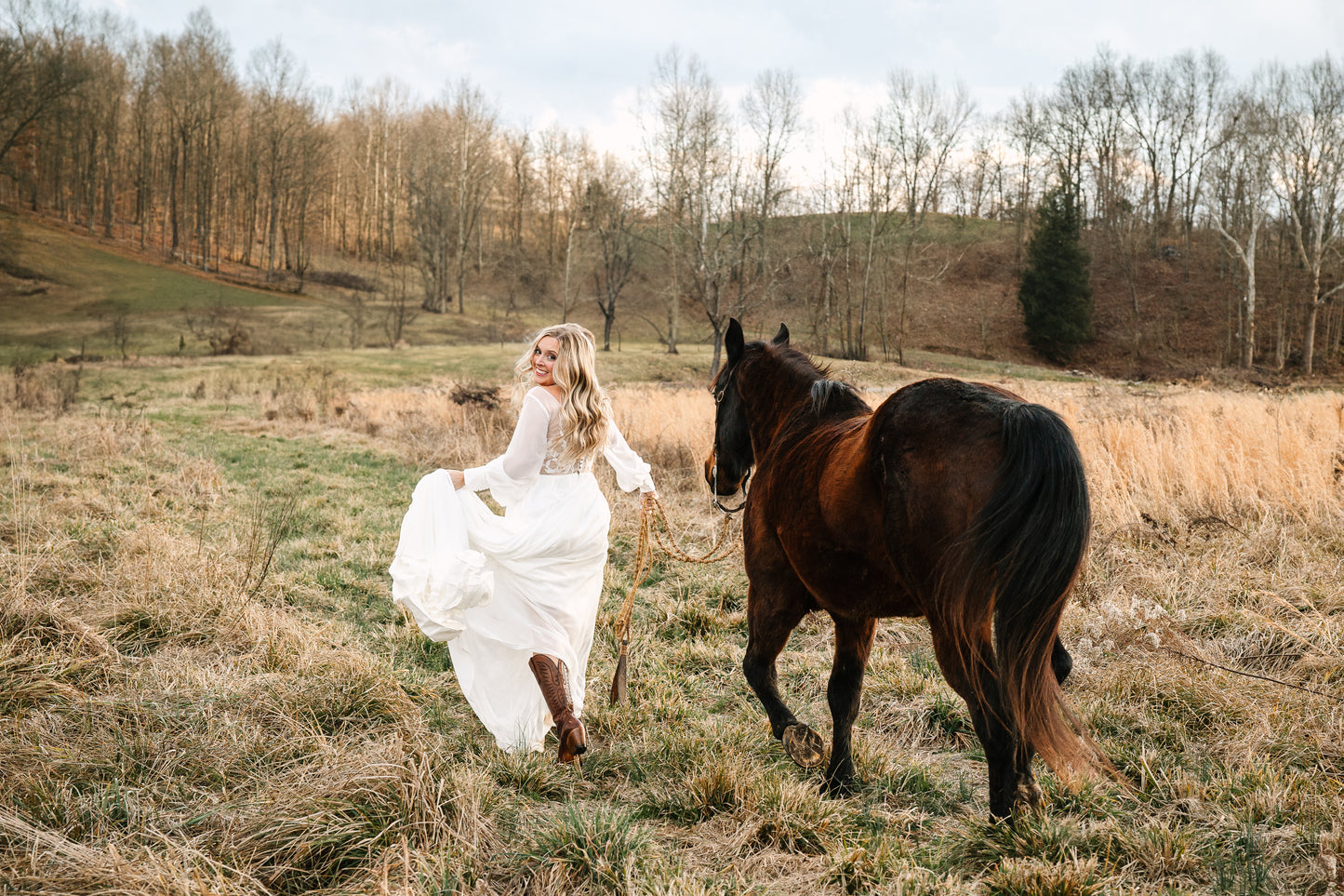 The Claire Gown – Nude Lace Western Wedding Dress with V-Neckline