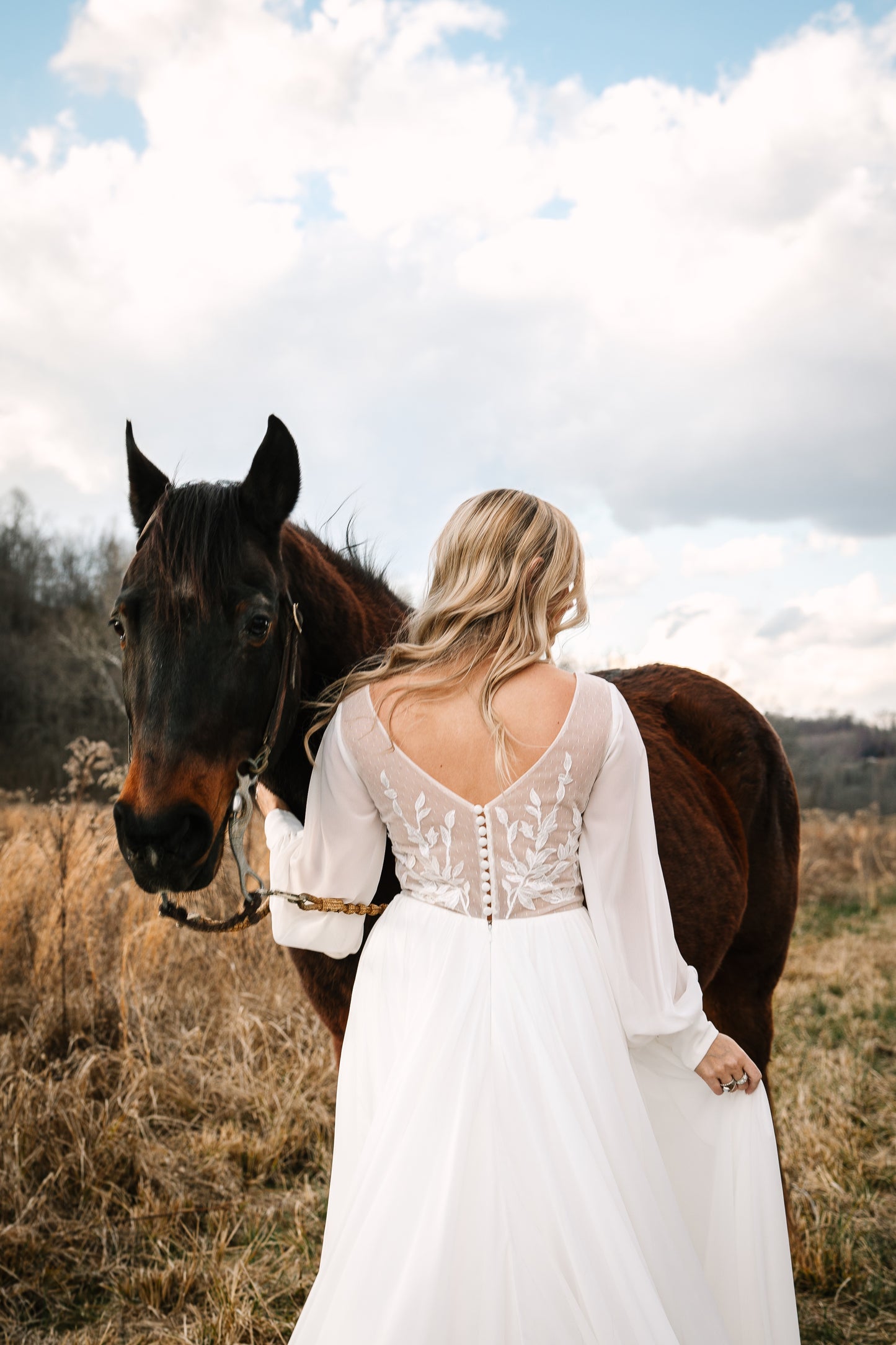 The Claire Gown – Nude Lace Western Wedding Dress with V-Neckline