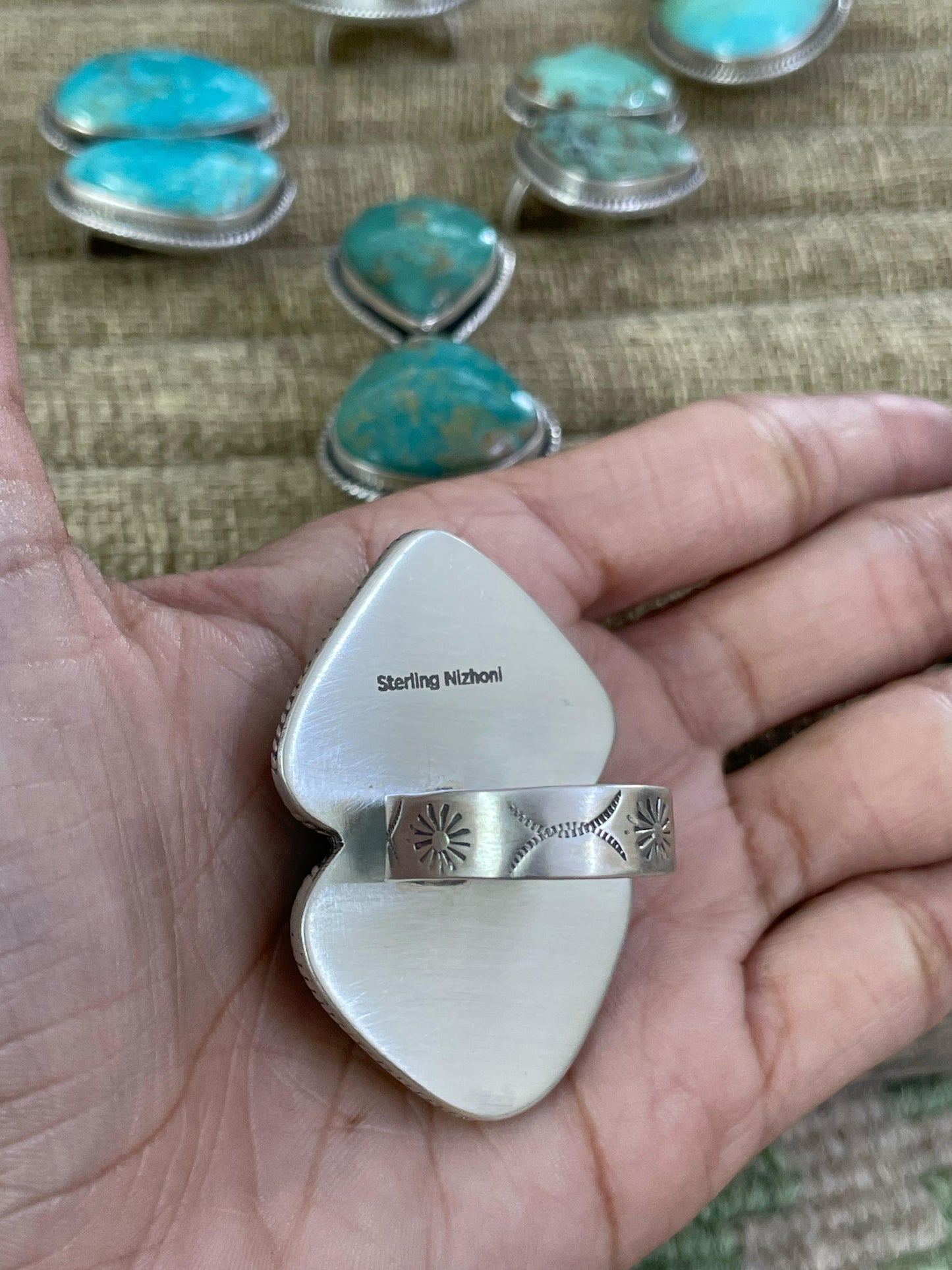 Handmade Sterling Silver Royston Turquoise Adjustable Ring, Signed Nizhoni