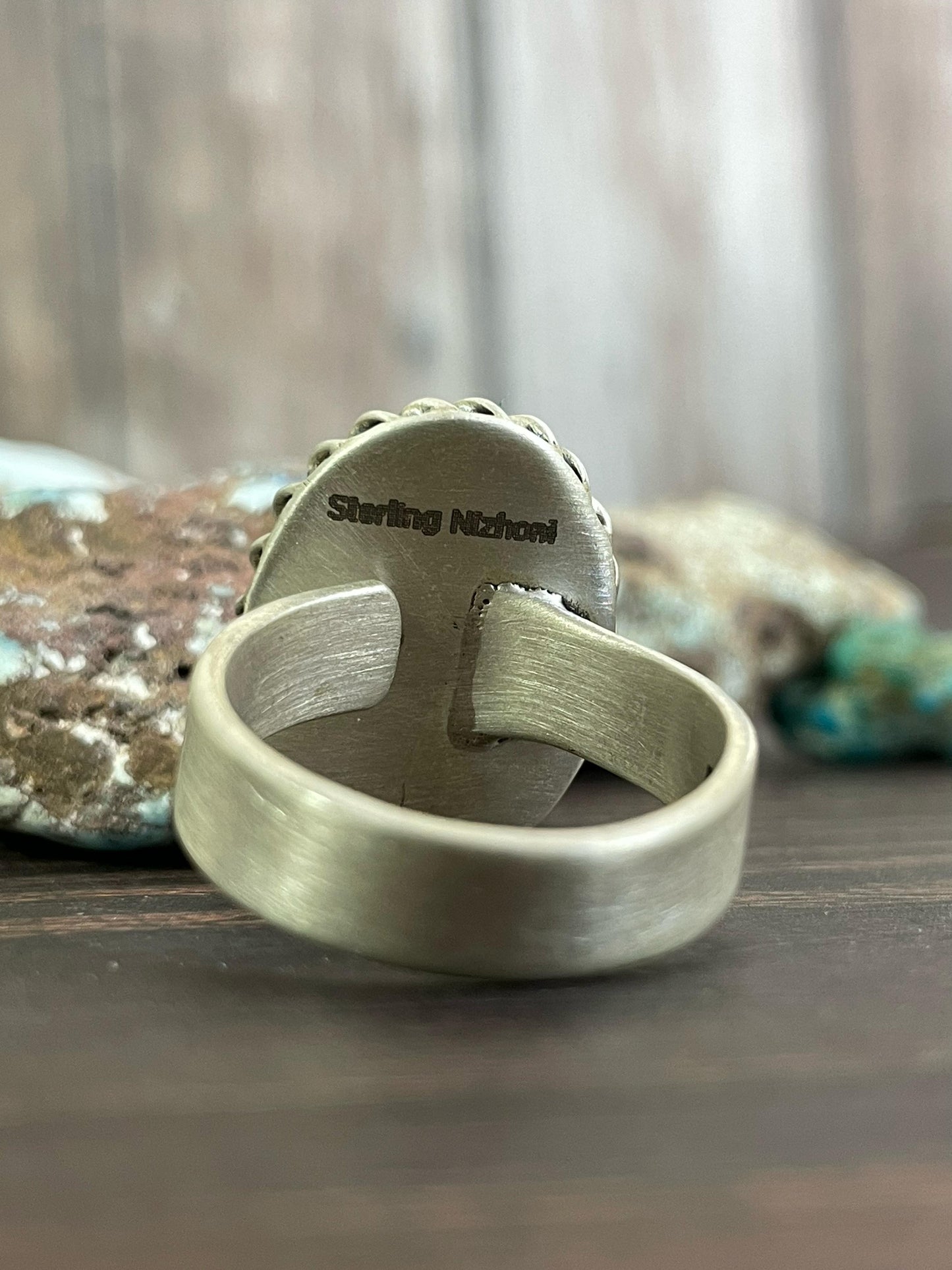 Handmade Sterling Silver Paloma Turquoise and Number 8 Turquoise Adjustable Ring, Signed Nizhoni