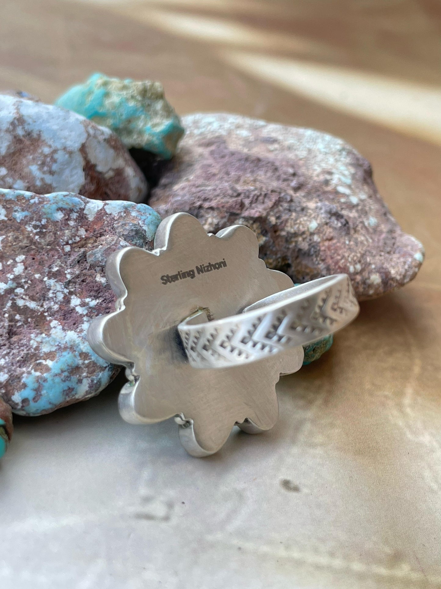Handmade Sterling Silver Pink dream With Mojave Turquoise adjustable ring , signed Nizhoni