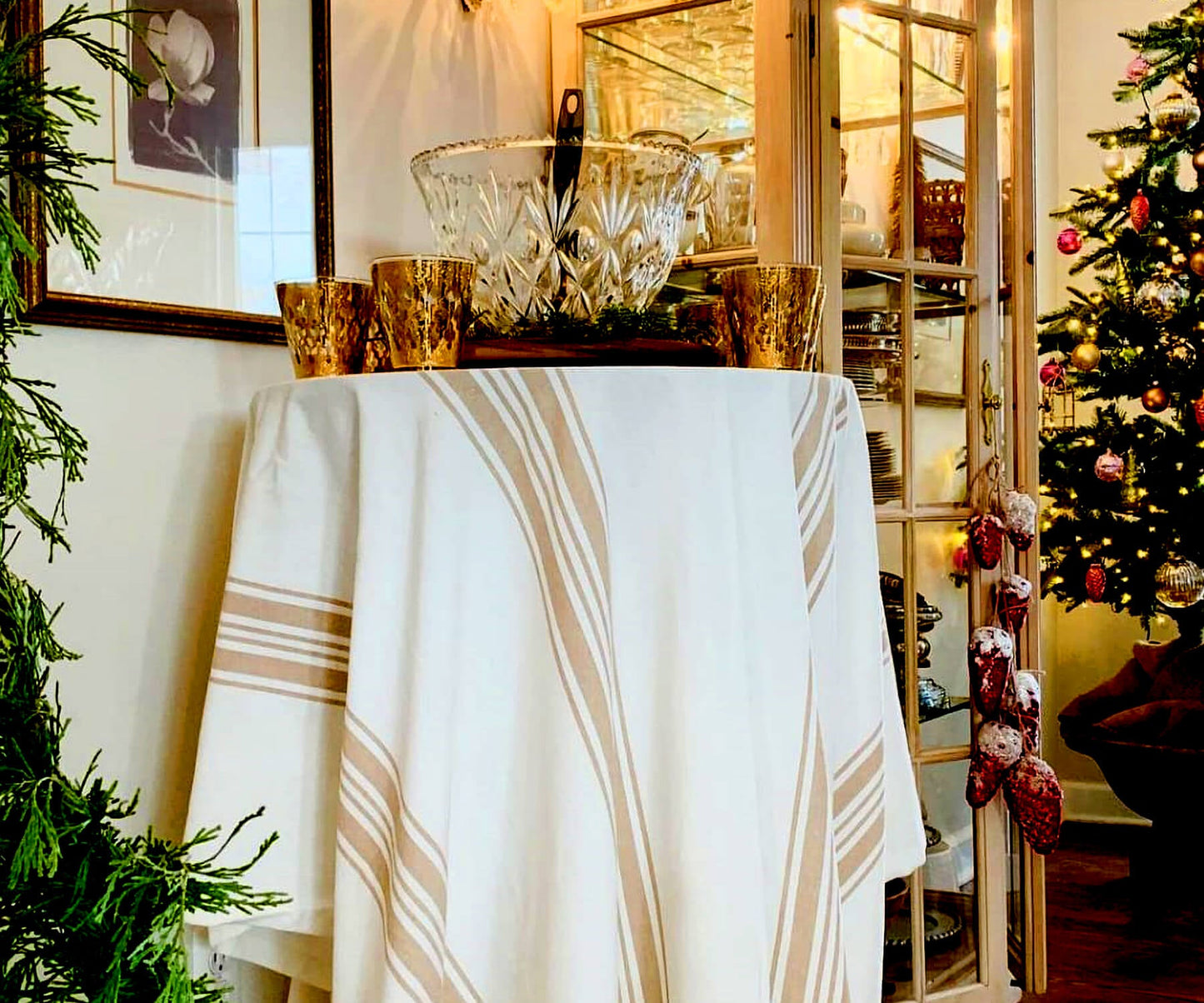 Beige Striped Round Tablecloth