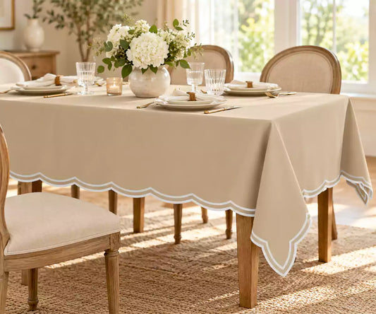 Beige Rectangle Tablecloth - White Scalloped