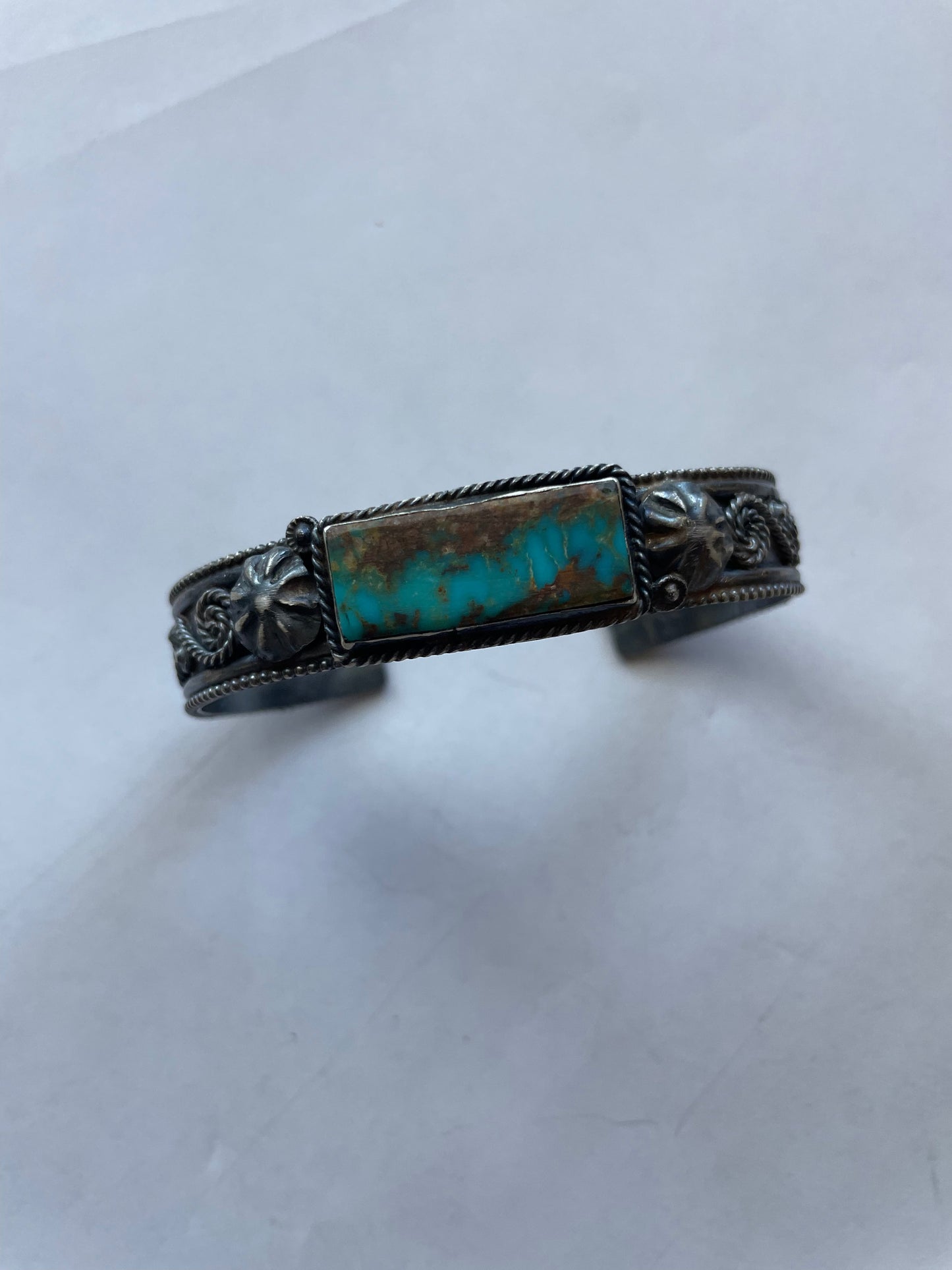 Handcrafted Turquoise & Sterling Silver Cuff Bracelet Signed Jacquline Silver