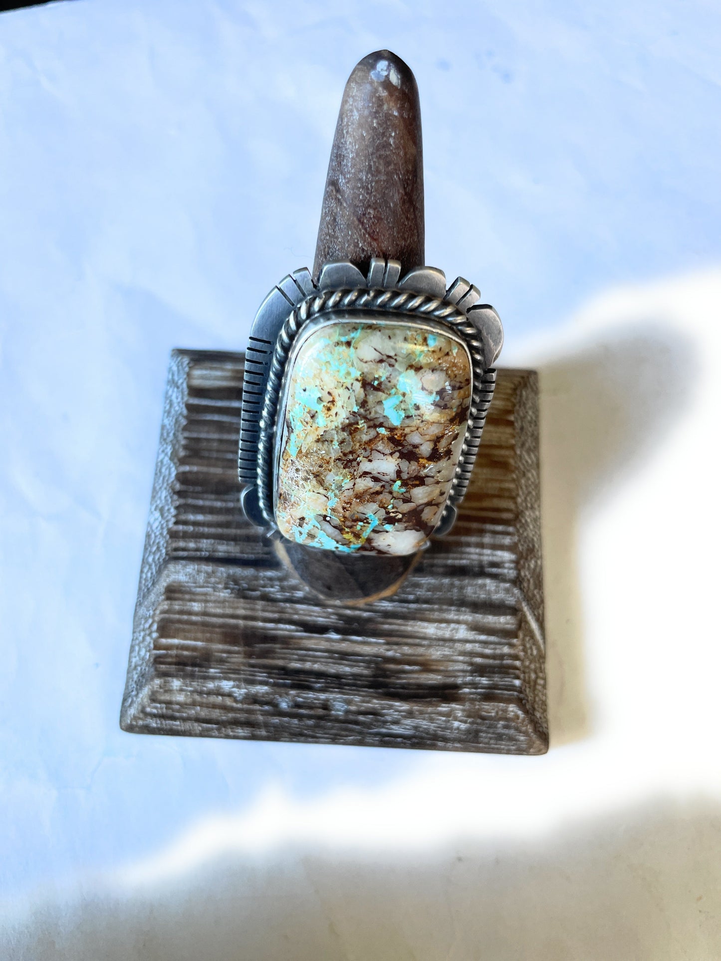 Handcrafted Turquoise & Sterling Silver Ring Size 8.5 Signed Russell Sam