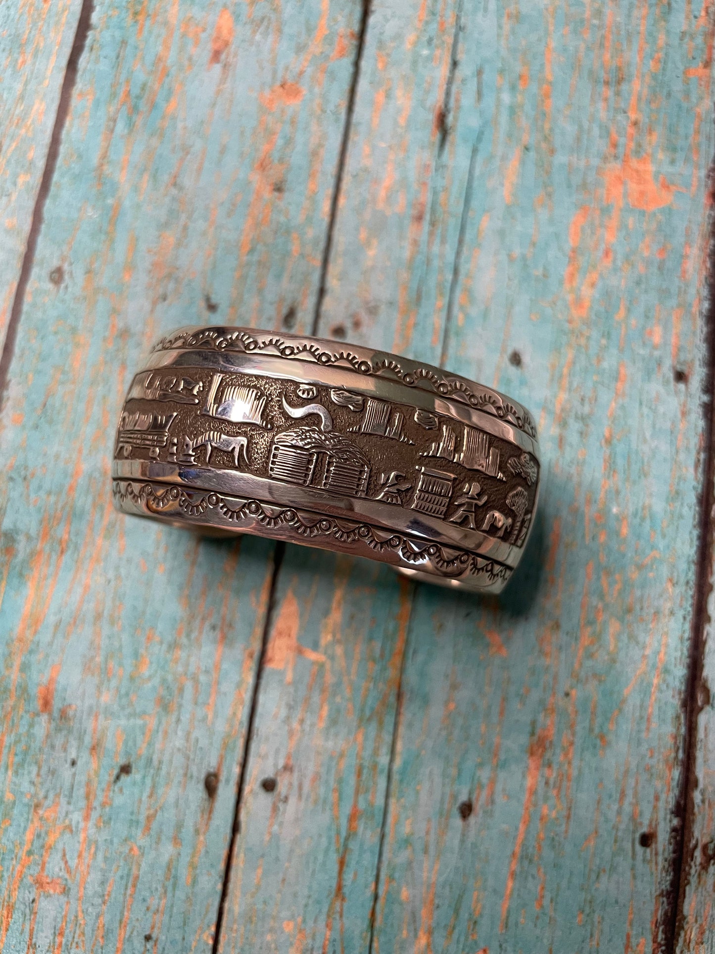 Navajo Hand Stamped Sterling Silver Cuff Bracelet Signed