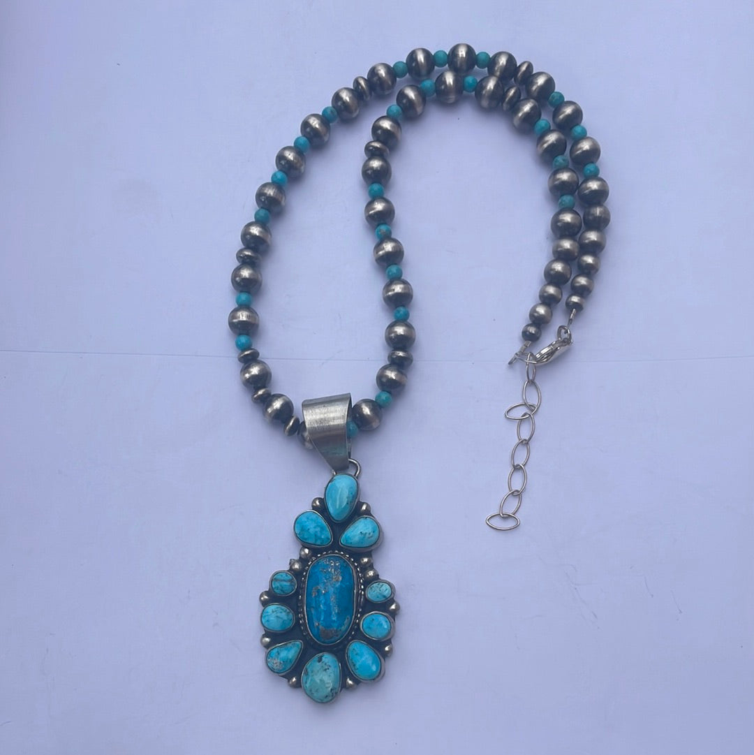 Handcrafted Sterling Silver & Turquoise Beaded Necklace With Pendant Signed Kathleen G