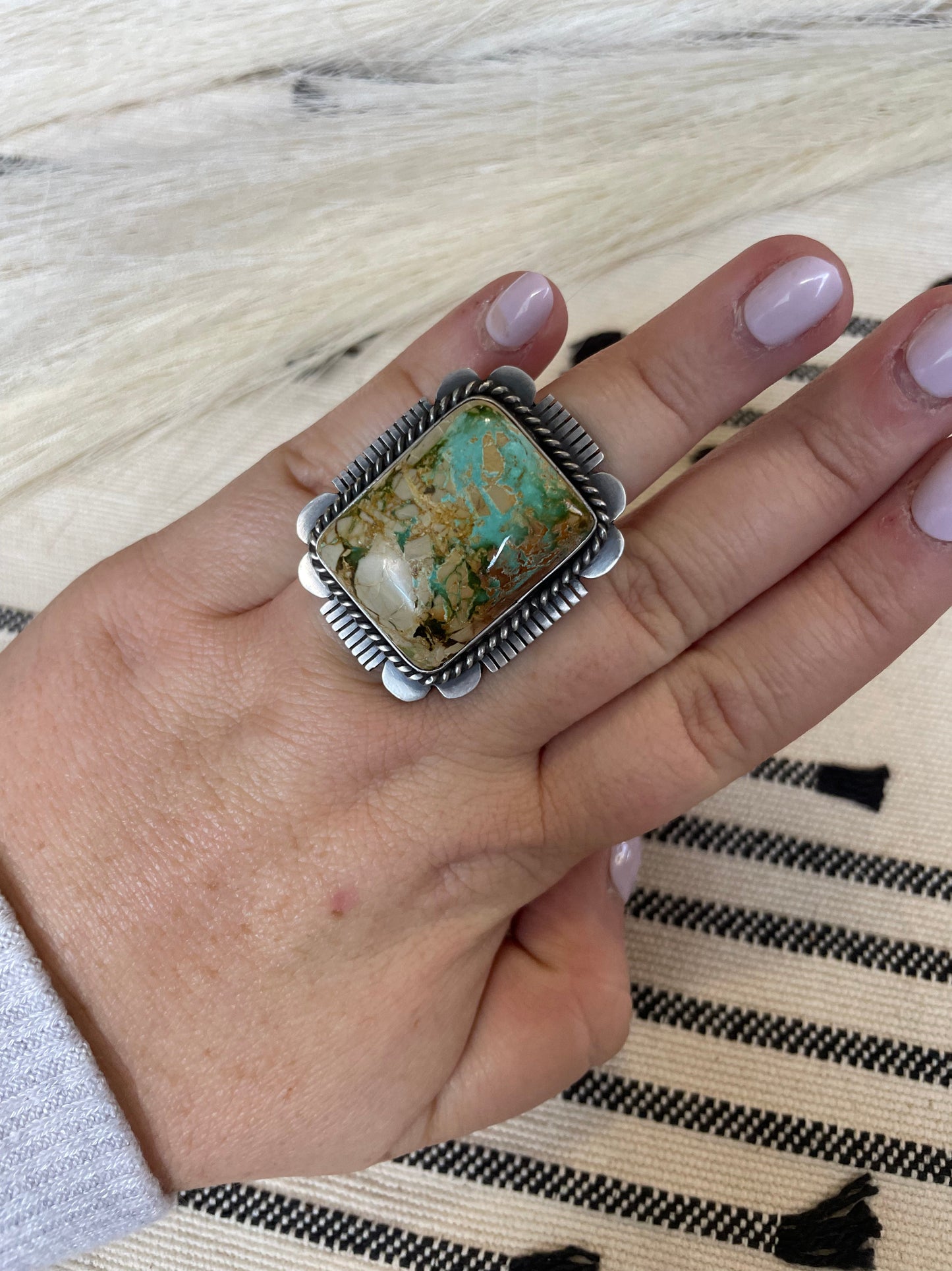 Navajo Turquoise & Sterling Silver Ring Size 7 Signed Russell Sam