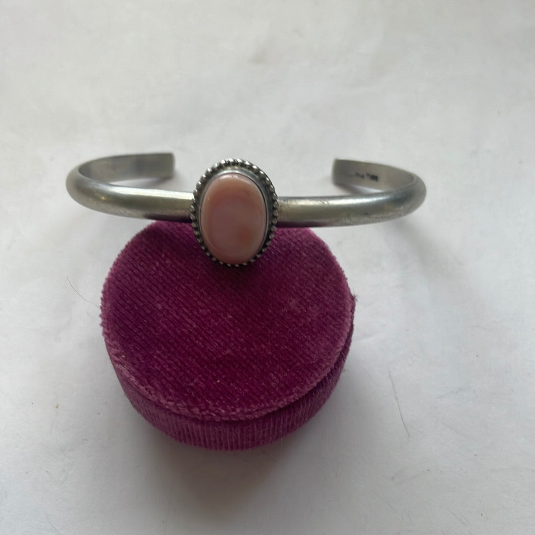 Handcrafted Pink Conch & Sterling Silver Adjustable Oval Cuff Bracelet Signed