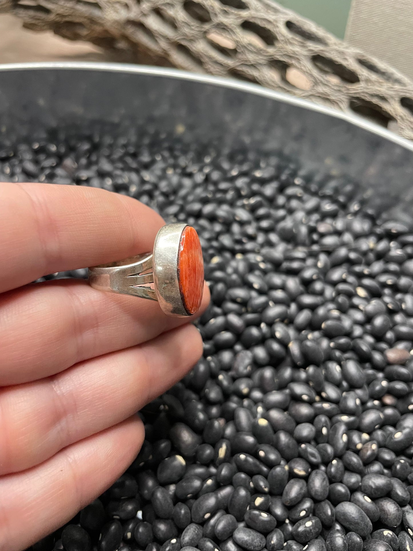 Handcrafted Sterling Silver And Orange Spiny Ring Size 6.5