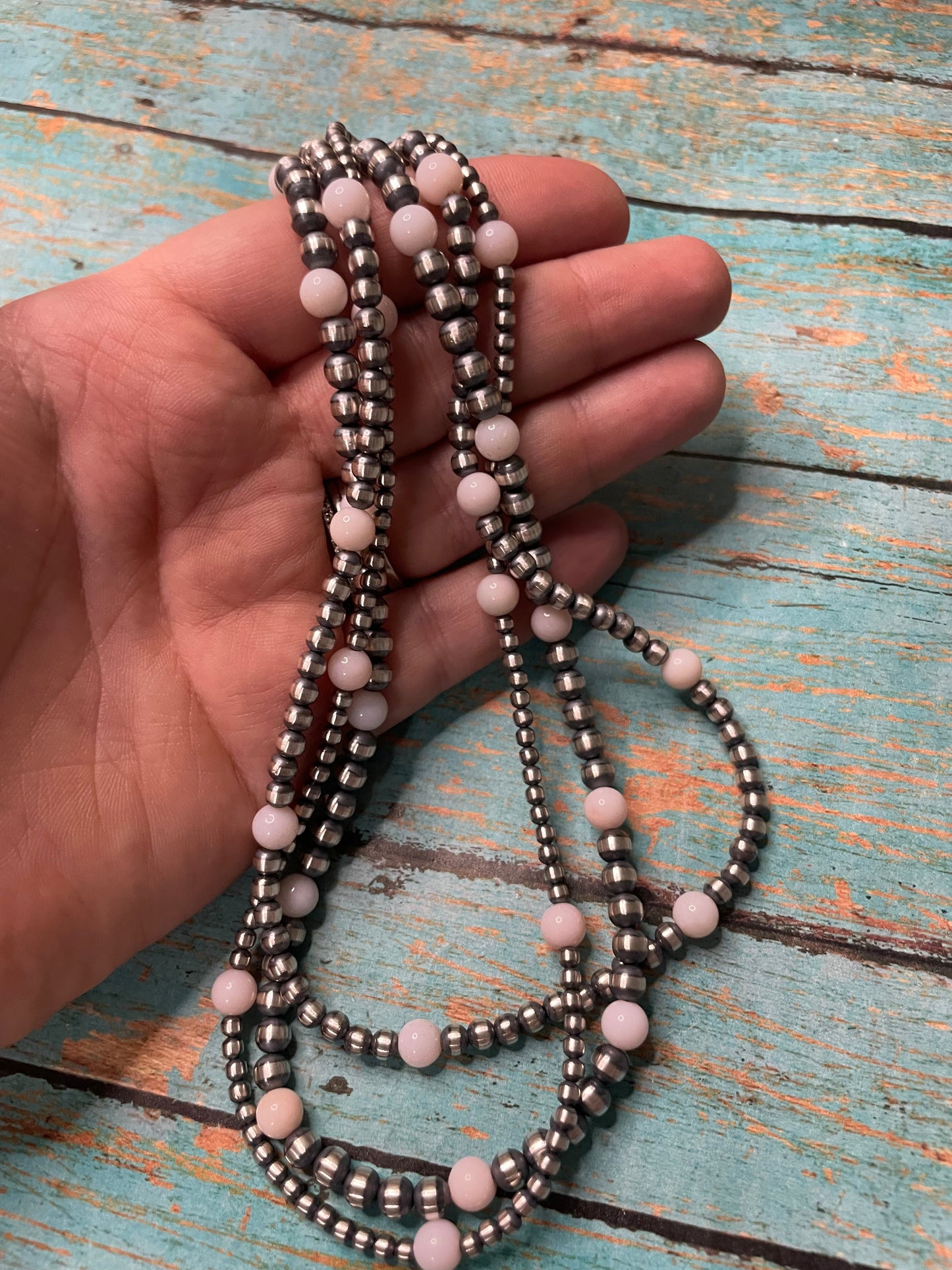 Handcrafted Pink Conch & Sterling Silver 3 Strand Beaded Necklace 20”