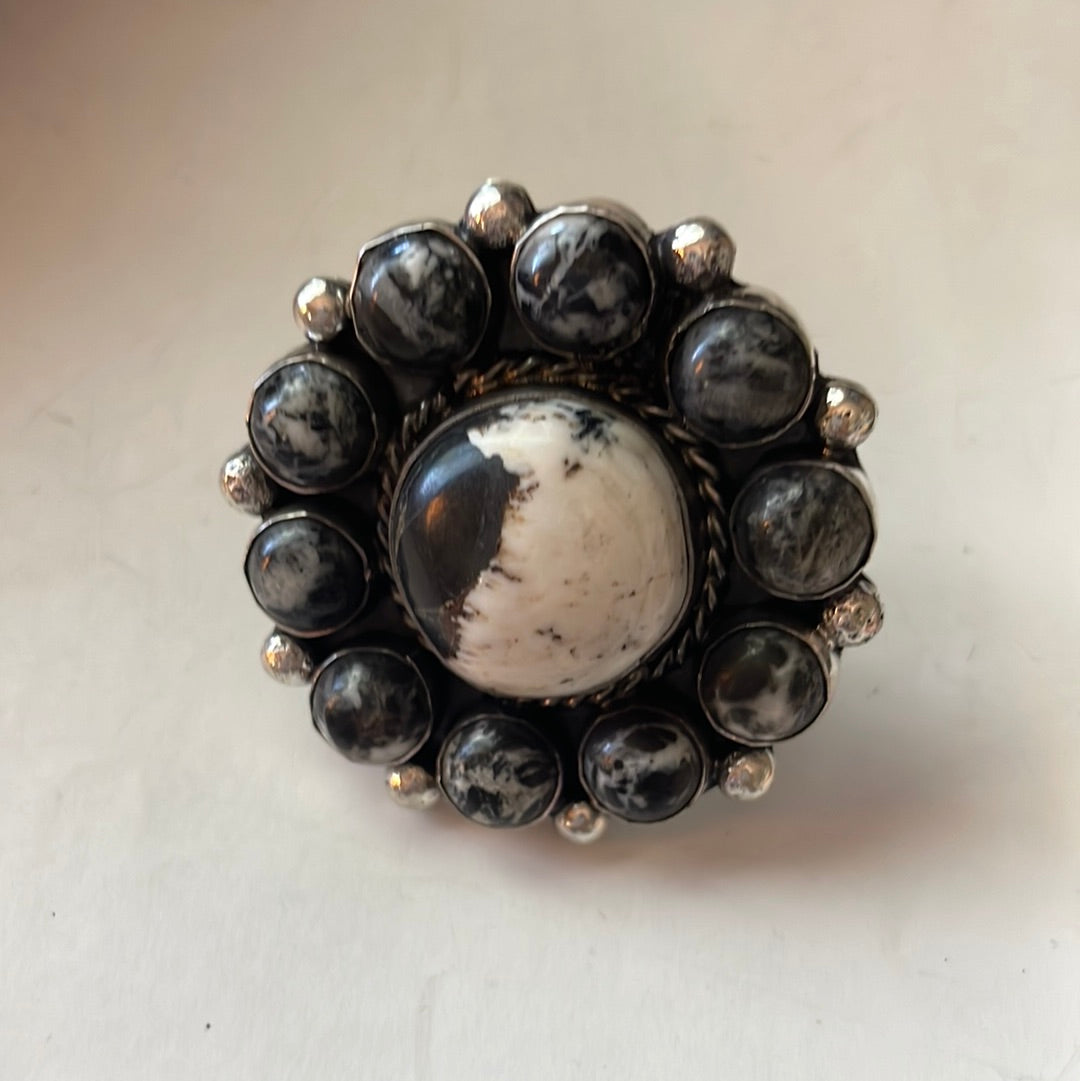 Handcrafted Sterling Silver & White Buffalo Adjustable Ring Signed