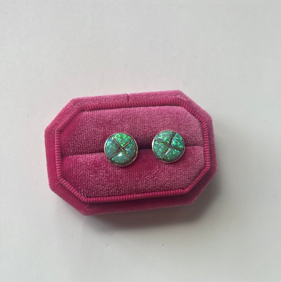 Handcrafted Green Opal Inlay & Sterling Silver Stud Earrings