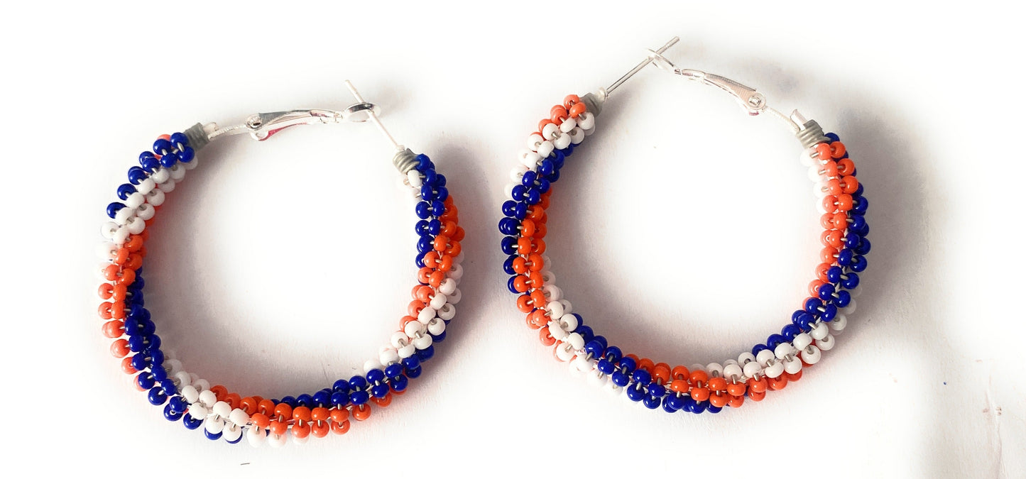 Handcrafted Handmade Beaded Hoop Earrings- red, white, blue