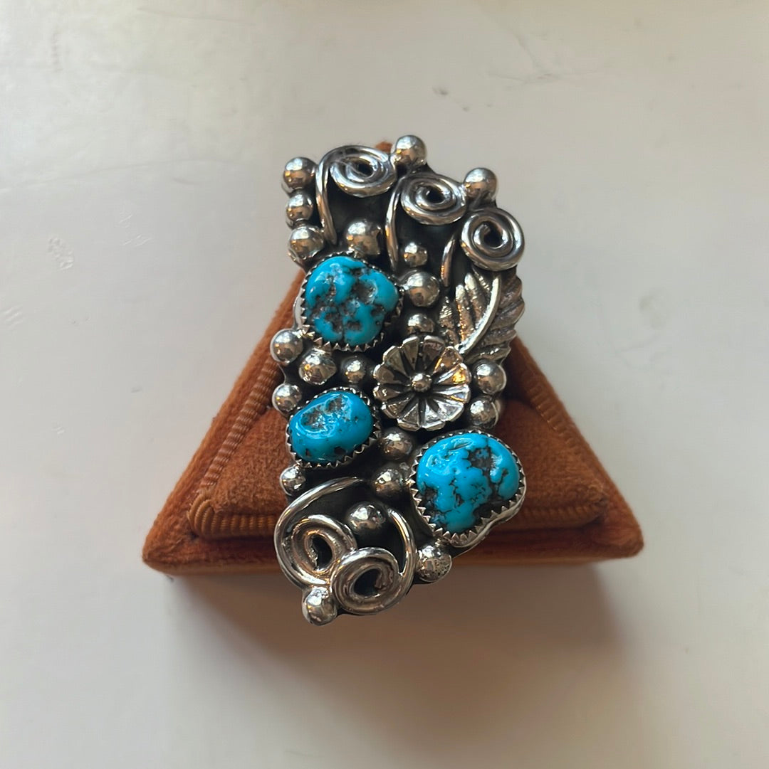 Handcrafted Sterling Silver & Turquoise Flower Ring Size 12