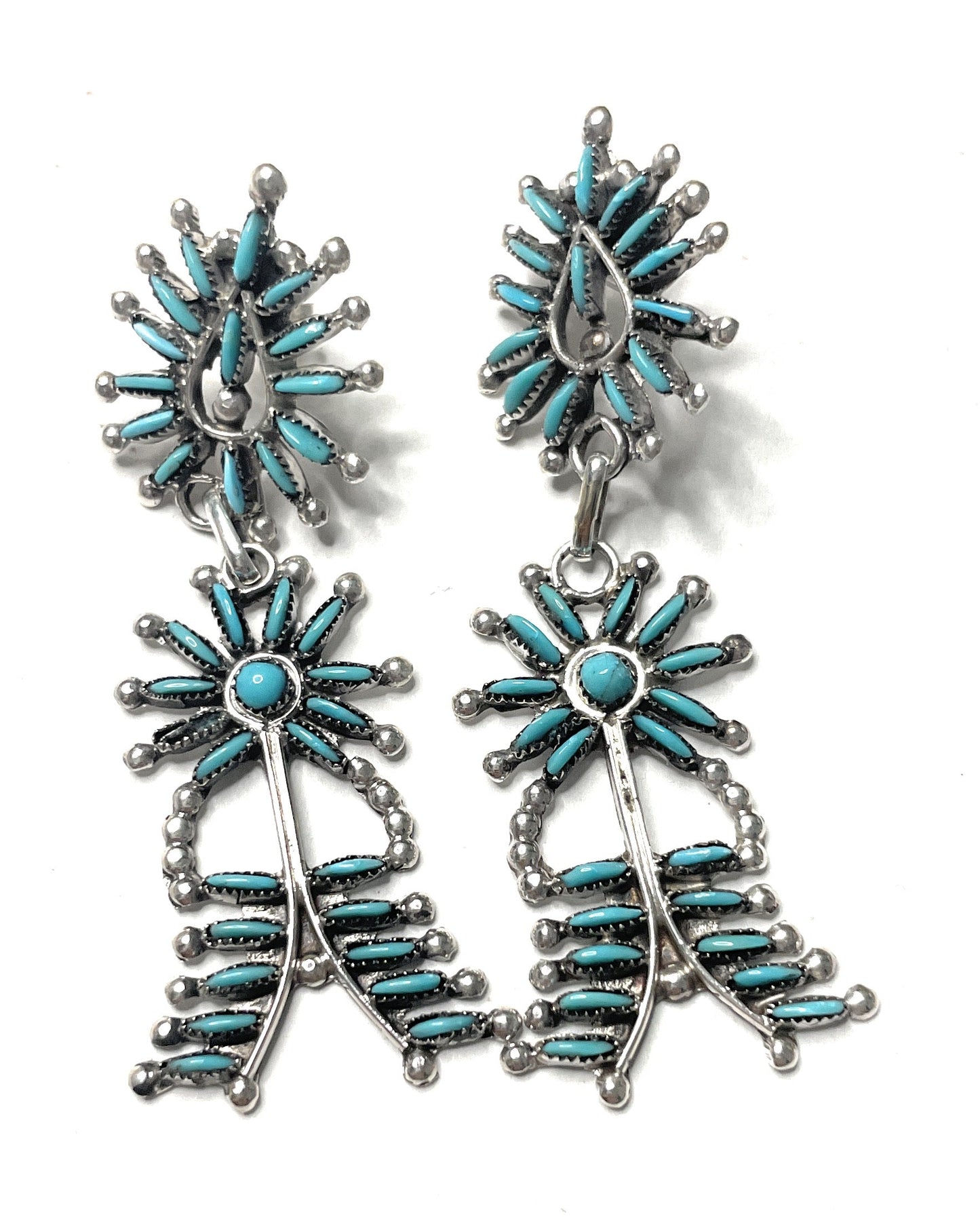 Handmade Sterling Silver And Turquoise Needlepoint Dangle Earrings