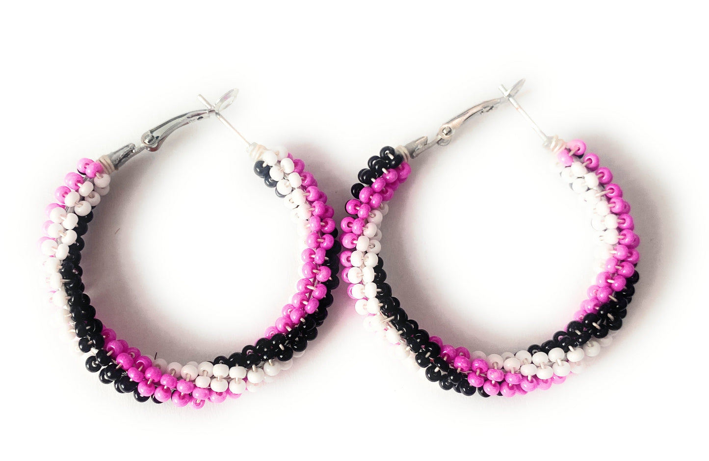 Handcrafted Handmade Beaded Hoop Earrings- pink, black