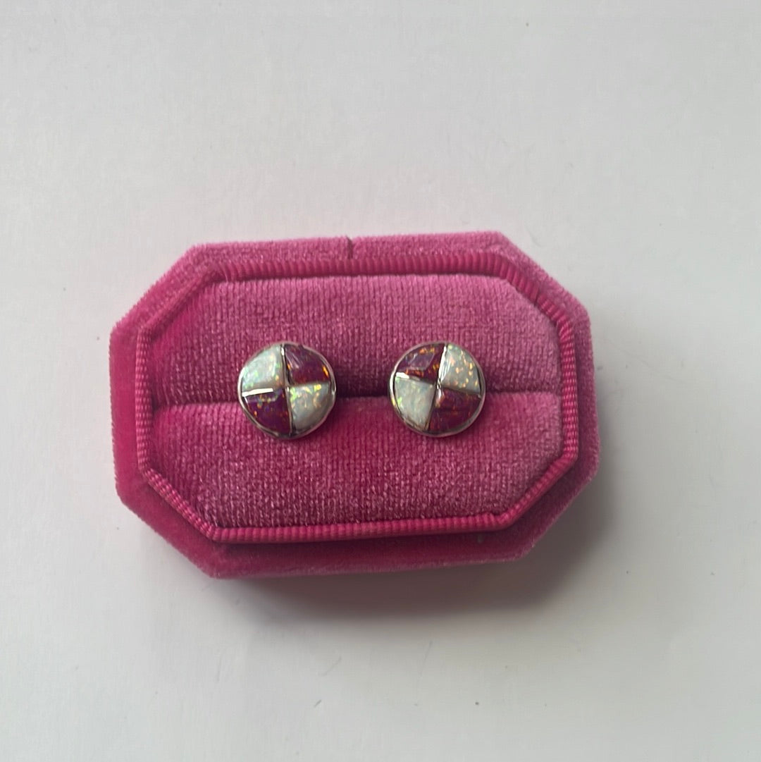 Handcrafted Pink & White Opal Inlay & Sterling Silver Stud Earrings