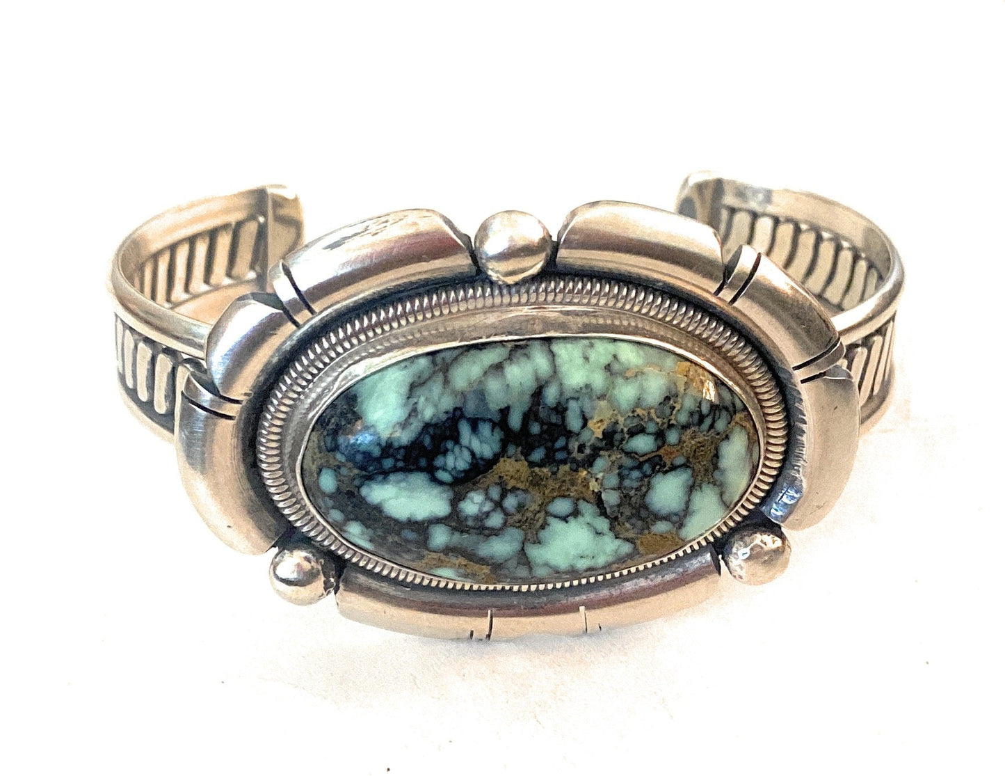 Handcrafted New Lander Turquoise & Sterling Silver Cuff Bracelet Signed