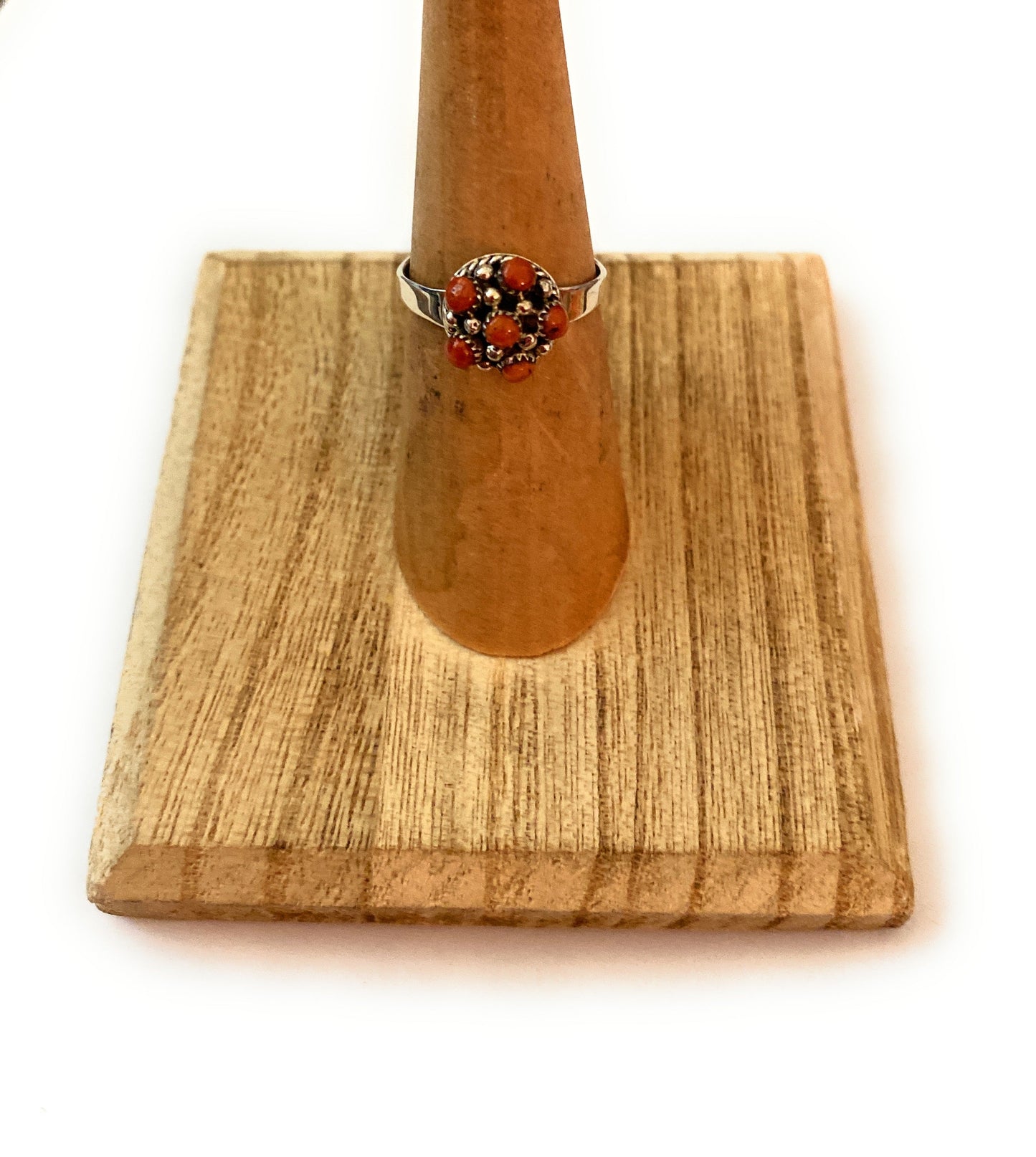 Handcrafted Sterling Silver & Red Coral Petit Point Ring