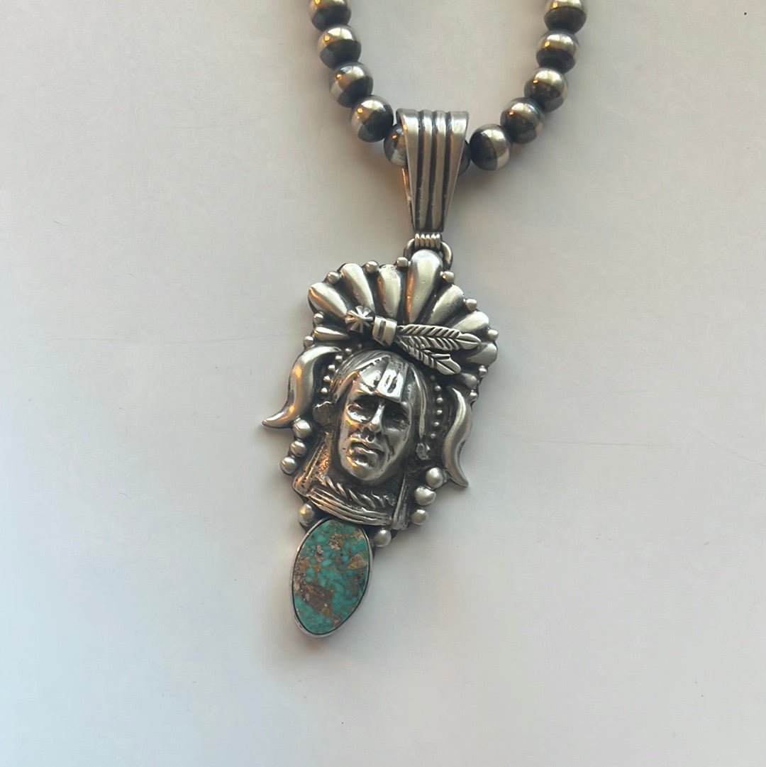 Beautiful Handcrafted Sterling Silver & Turquoise Chief Pendant Signed Russell Sam