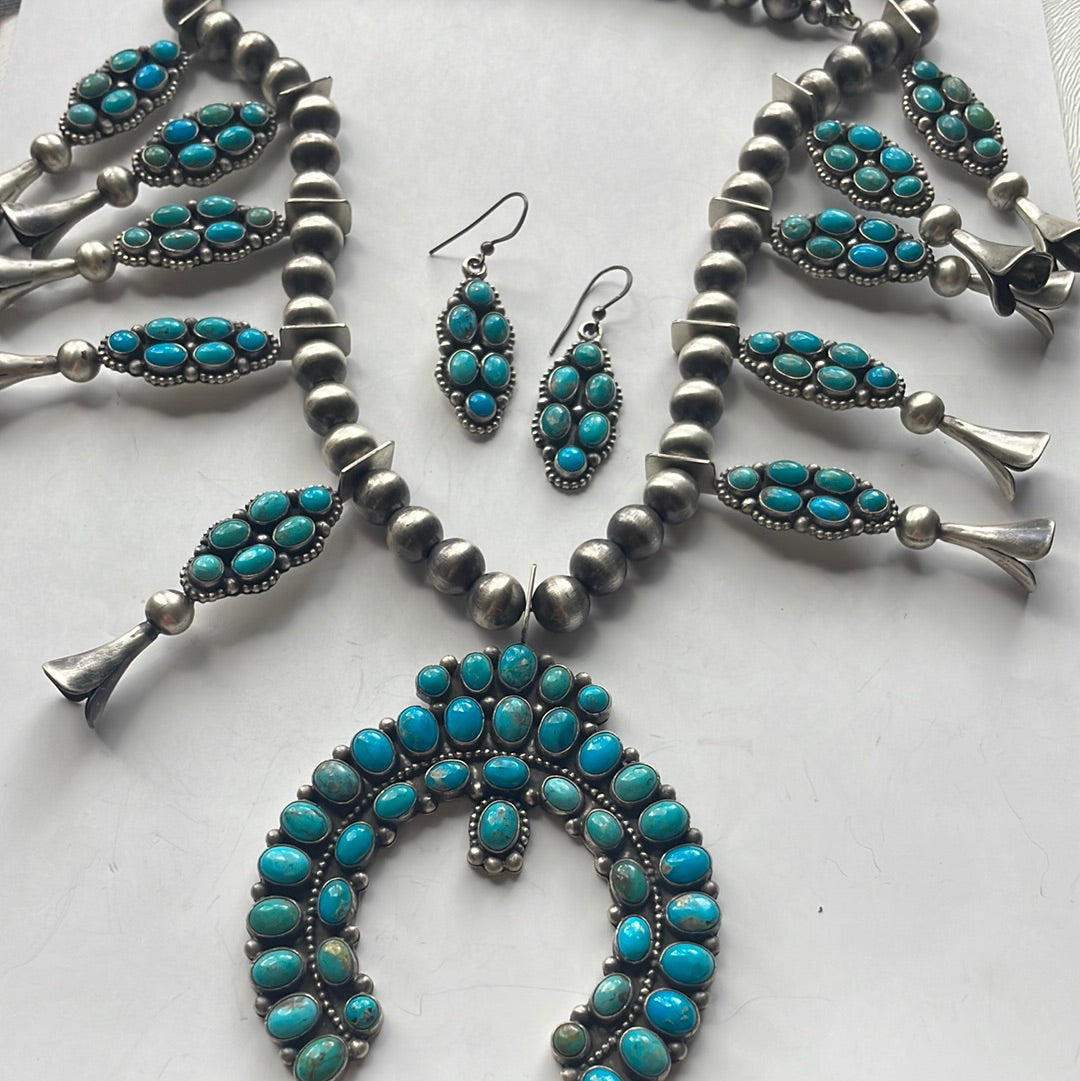 Handcrafted Royston Turquoise & Sterling Squash Blossom Set Signed